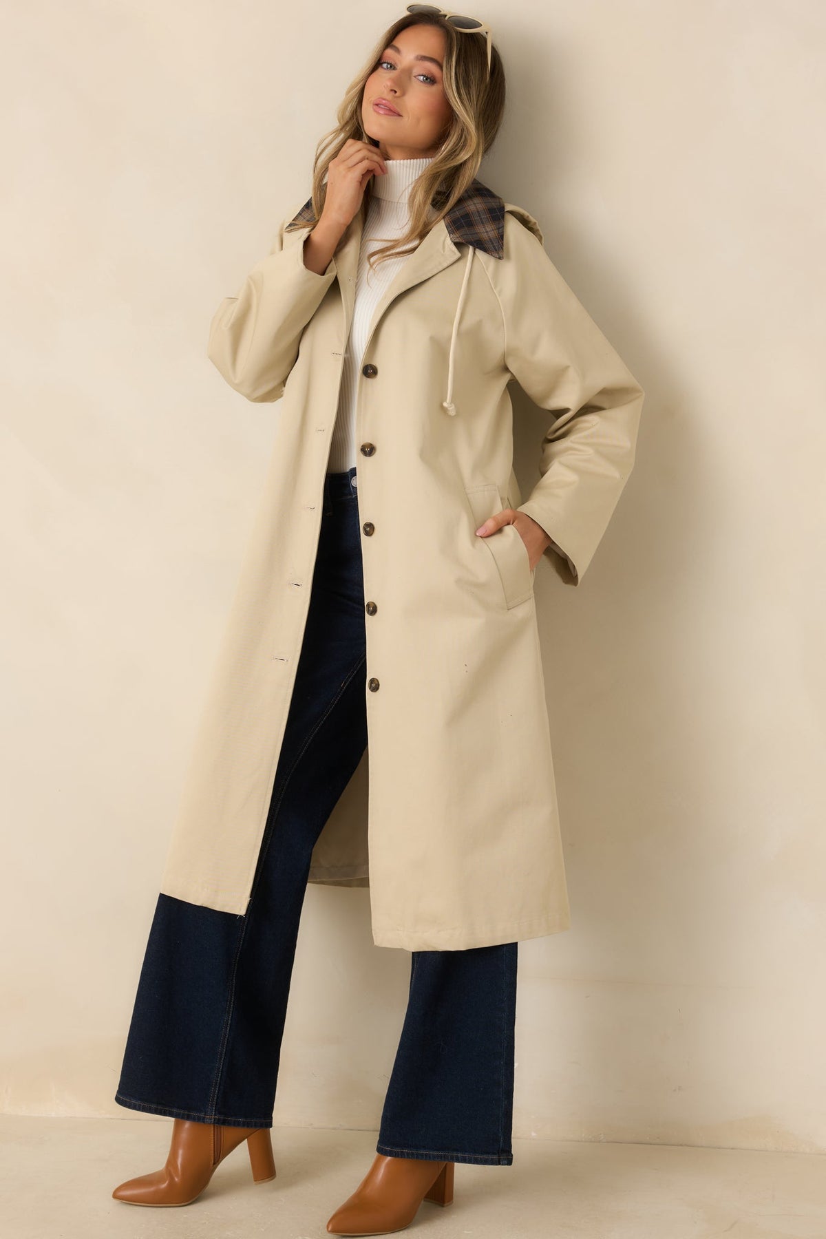 Taking the Long Way Beige Plaid Collar Hooded Cotton Coat