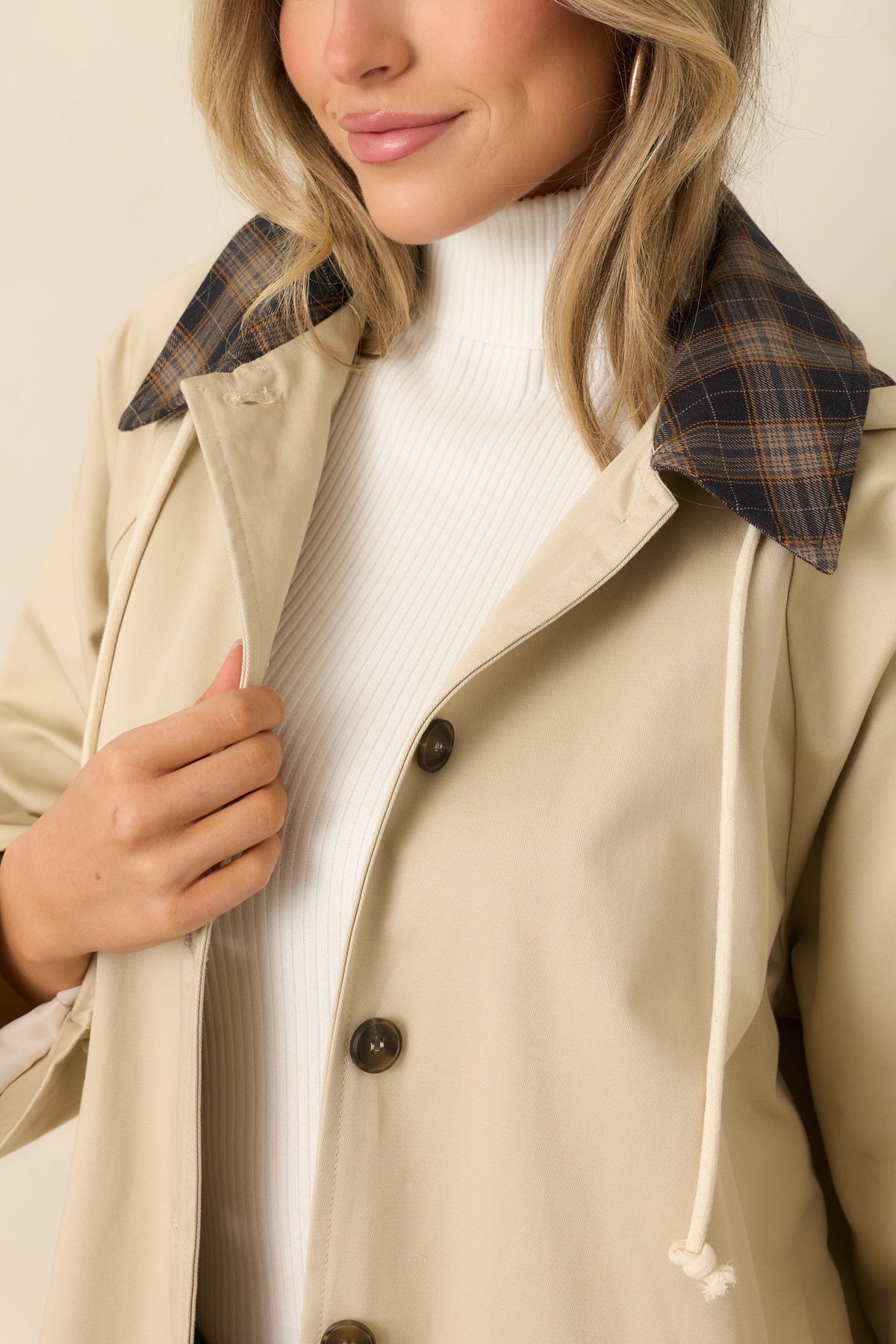 Taking the Long Way Beige Plaid Collar Hooded Cotton Coat