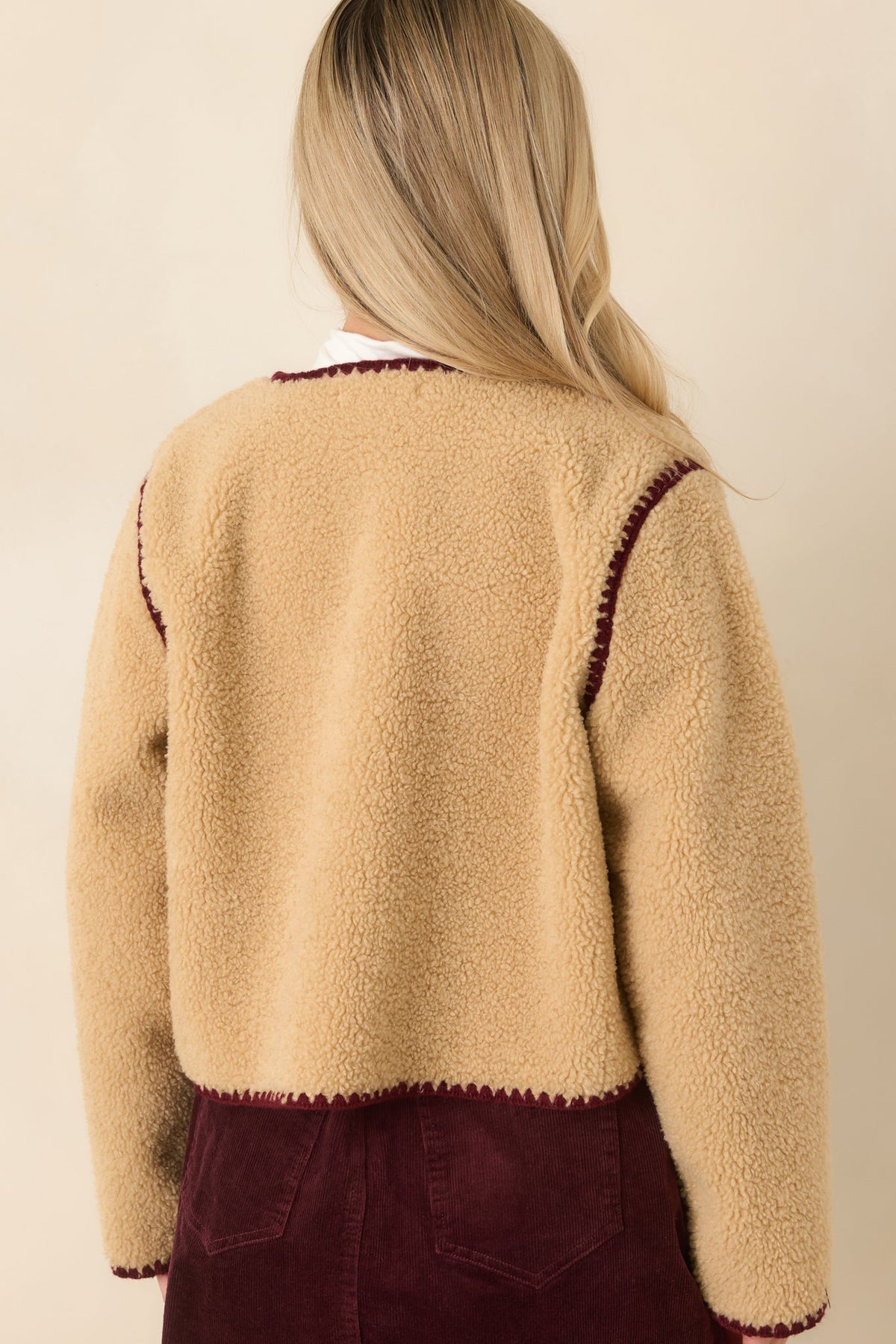 Bound to Be Cozy Beige & Burgundy Contrast Stitch Sherpa Jacket