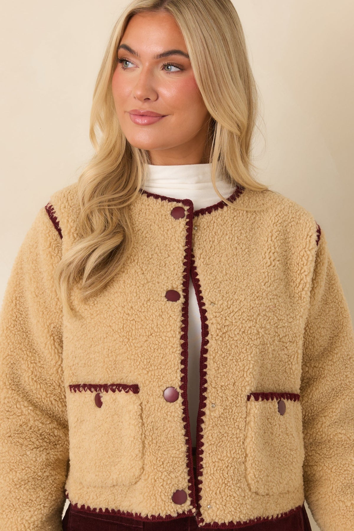 Bound to Be Cozy Beige & Burgundy Contrast Stitch Sherpa Jacket