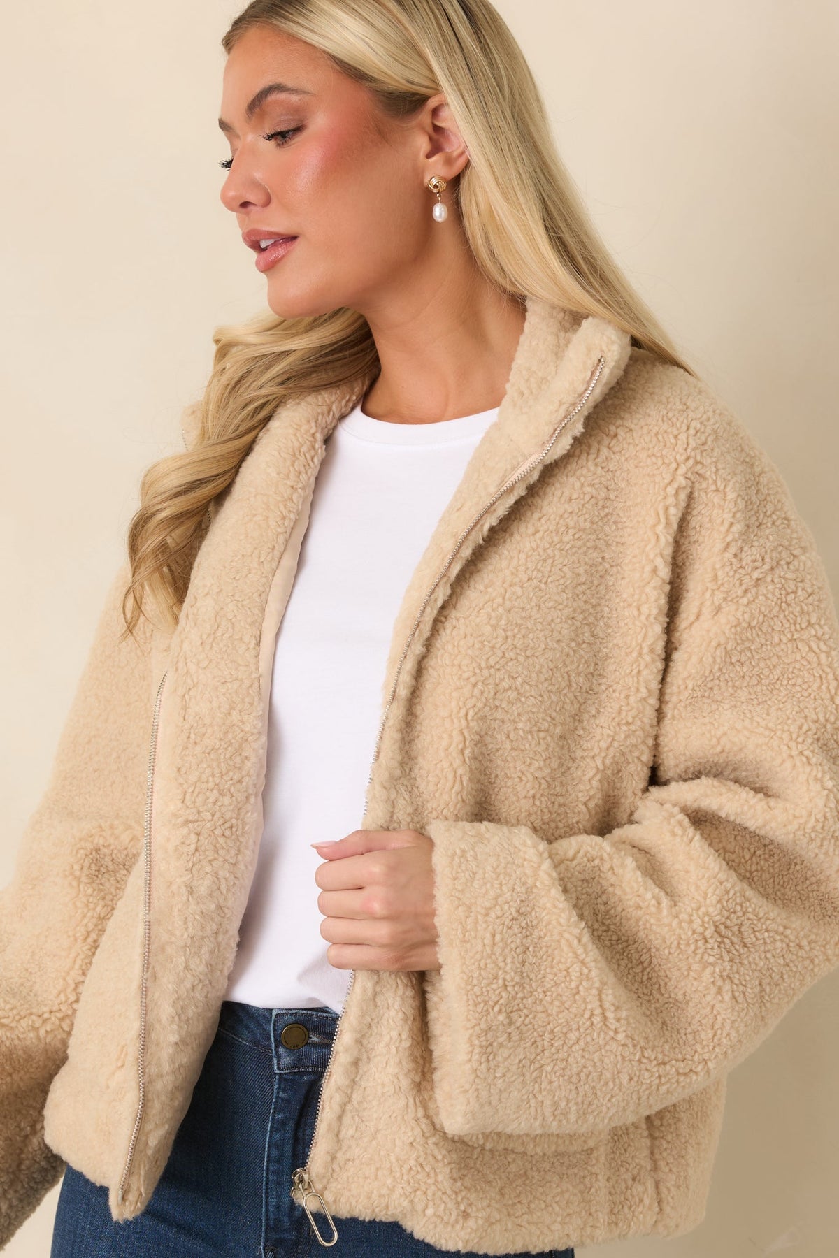 MINKPINK Zola Beige Teddy Zip-Front Jacket