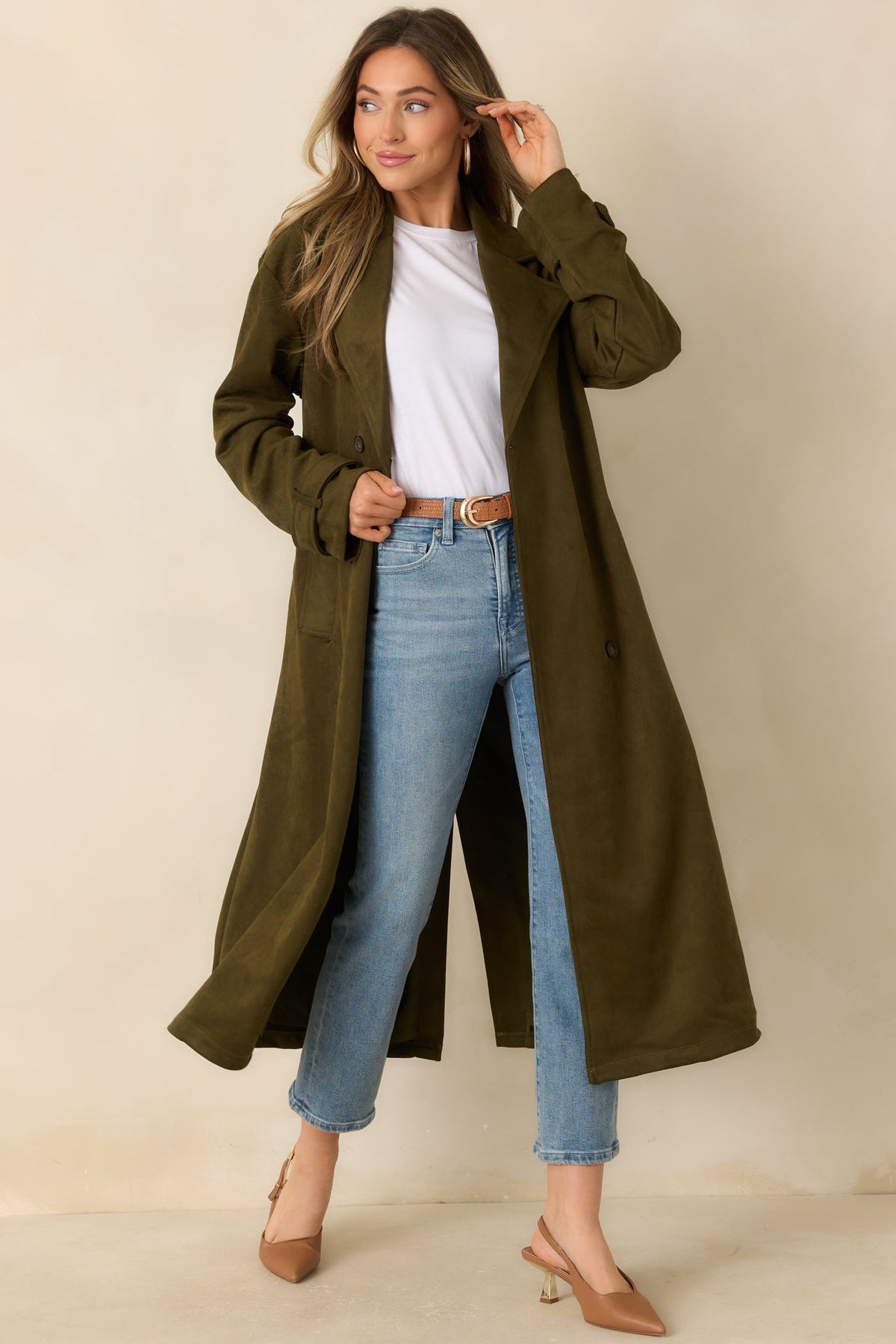 An Air of Intrigue Olive Green Faux Suede Trench Coat
