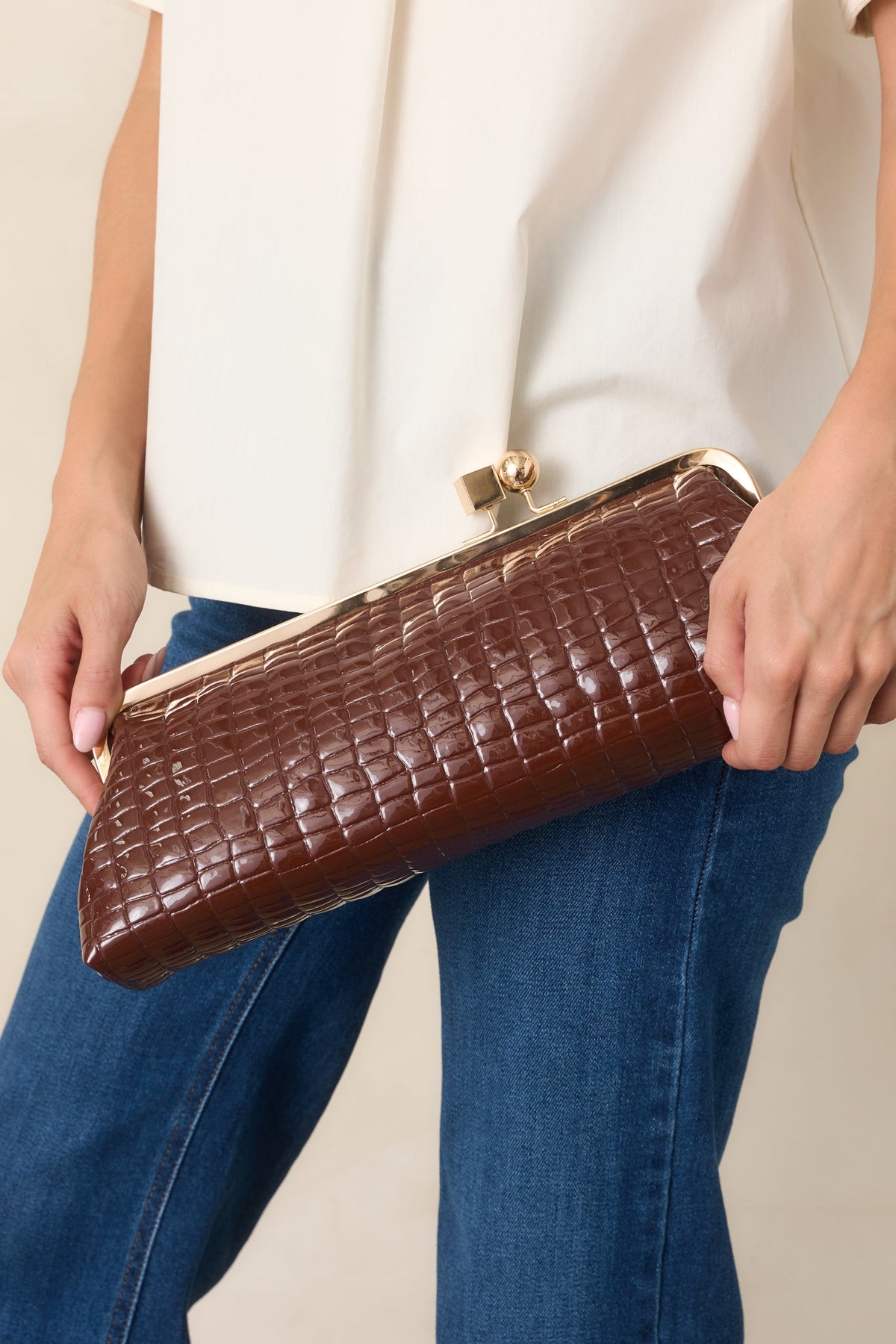Good Call Chocolate Brown Croc Embossed Faux Leather Clutch Handbag