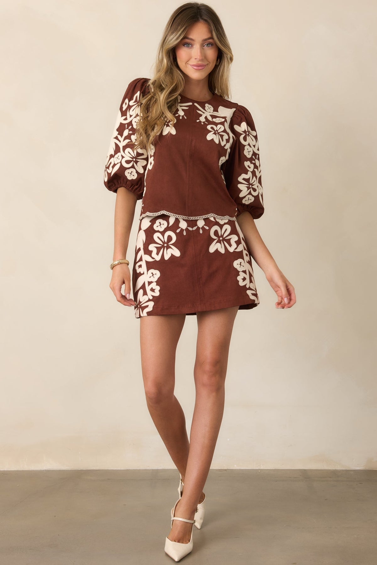 You Know Me So Well Brown & Ivory Floral Appliqué Faux Suede Mini Skirt