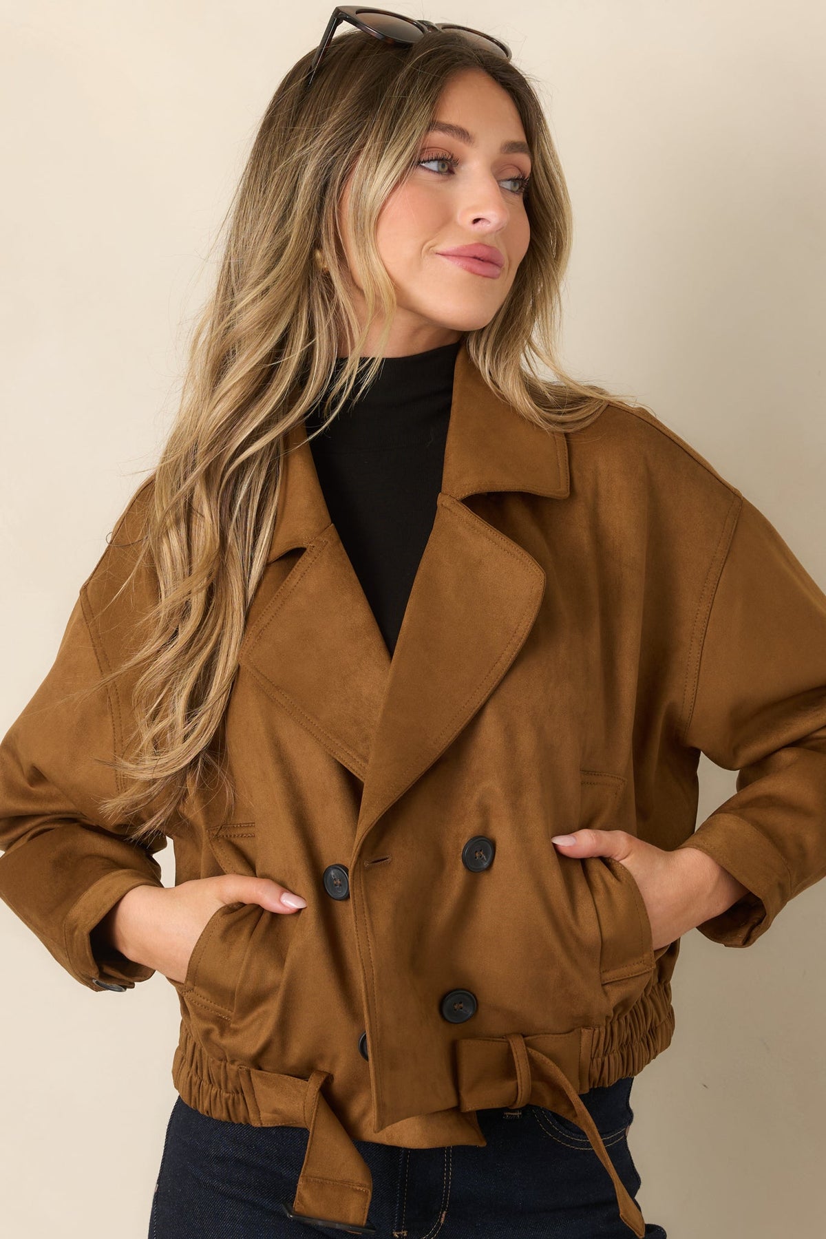 Soft Focus Camel Brown Faux Suede Cropped Trench Coat