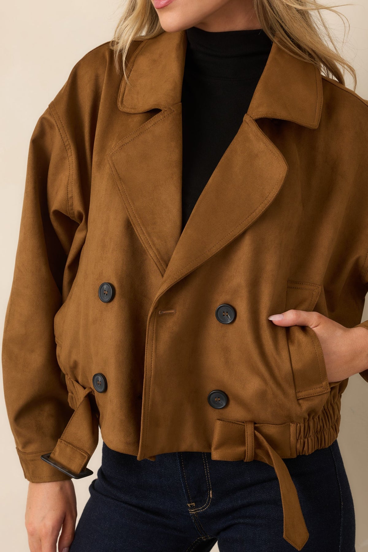 Soft Focus Camel Brown Faux Suede Cropped Trench Coat