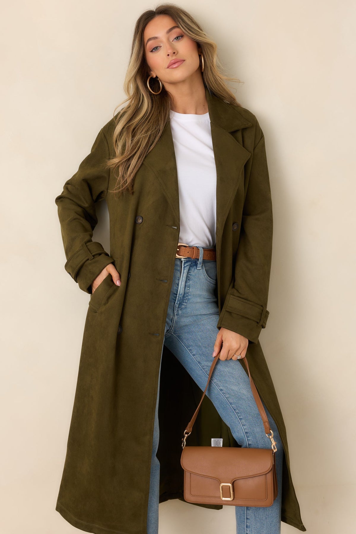 An Air of Intrigue Olive Green Faux Suede Trench Coat
