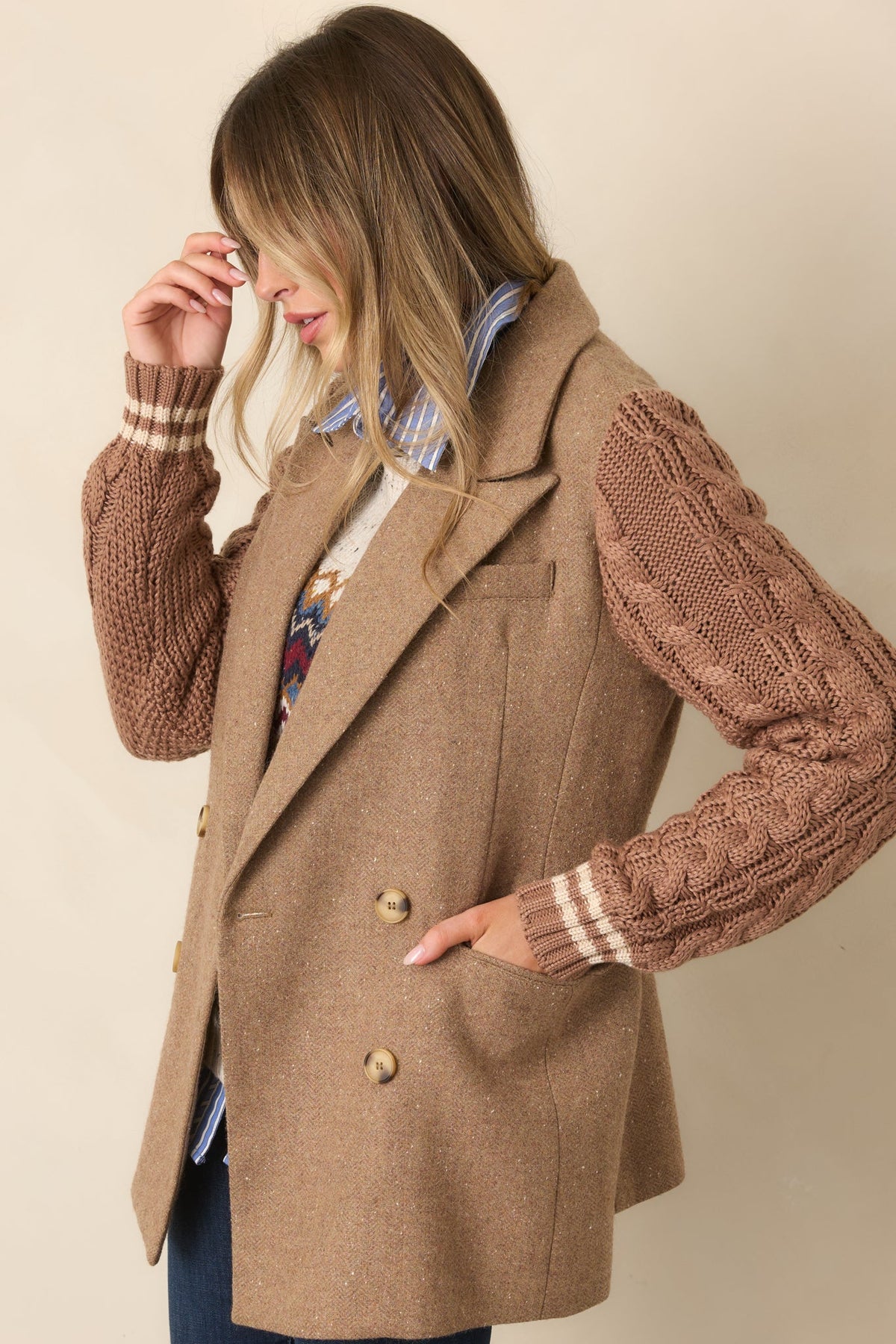 Well Suited Camel Wool Blend Knit Sweater Sleeve Blazer