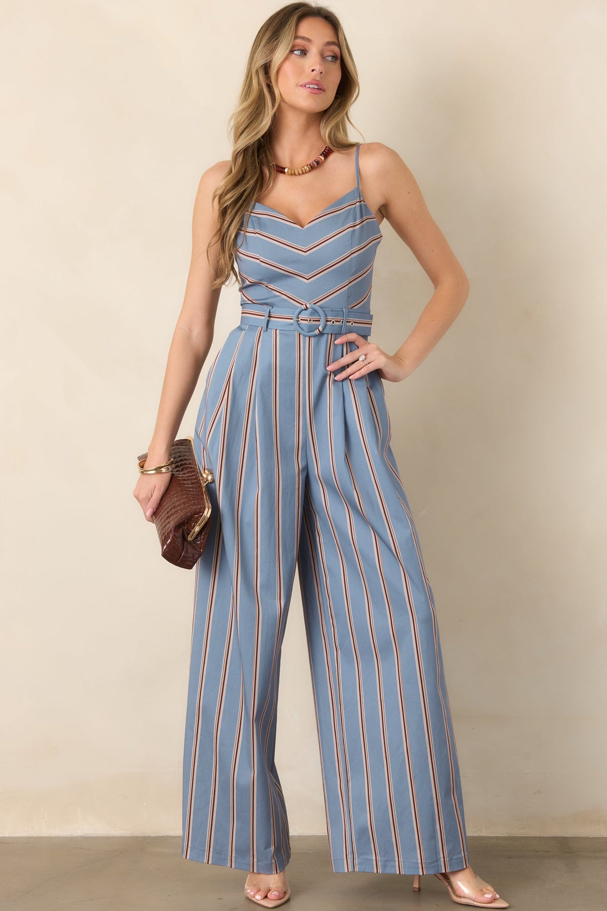 Making Strides Dusty Blue & Brown Stripe Cotton Belted Jumpsuit