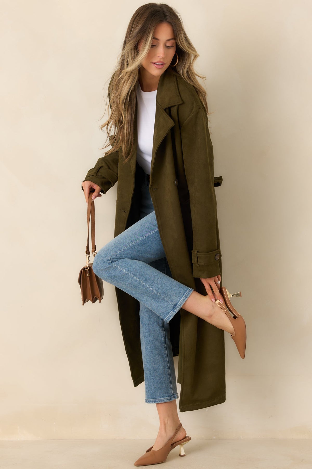 An Air of Intrigue Olive Green Faux Suede Trench Coat