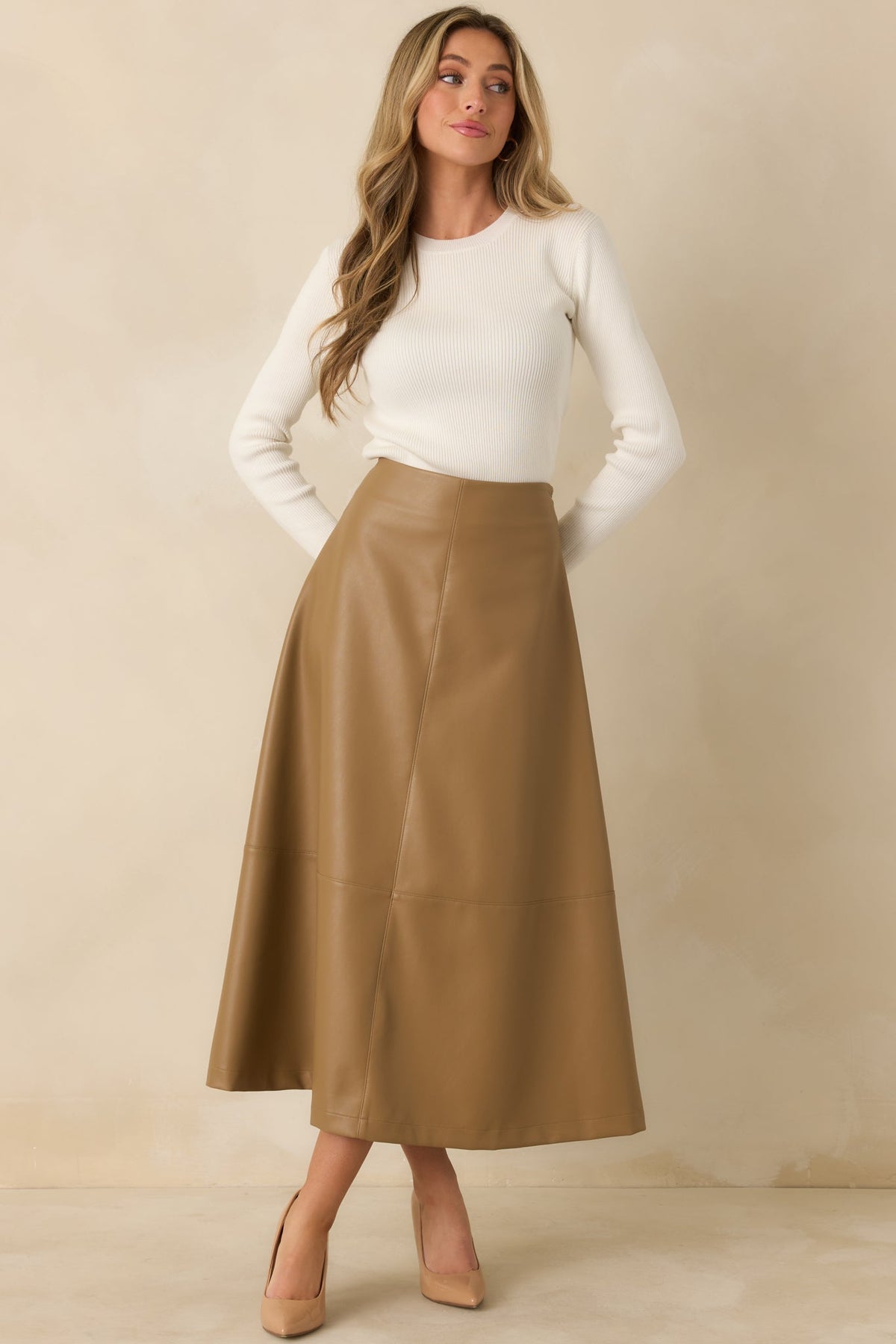 Prosperina Callahan Caramel Vegan Leather Midi Skirt