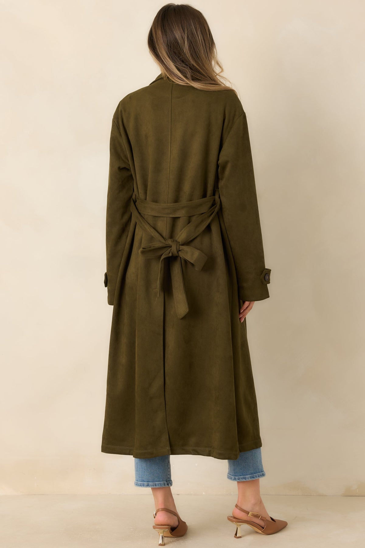 An Air of Intrigue Olive Green Faux Suede Trench Coat