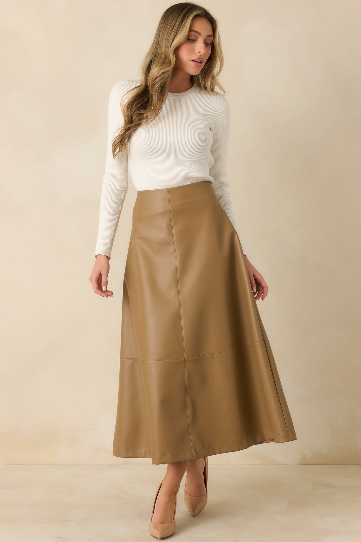 Prosperina Callahan Caramel Vegan Leather Midi Skirt