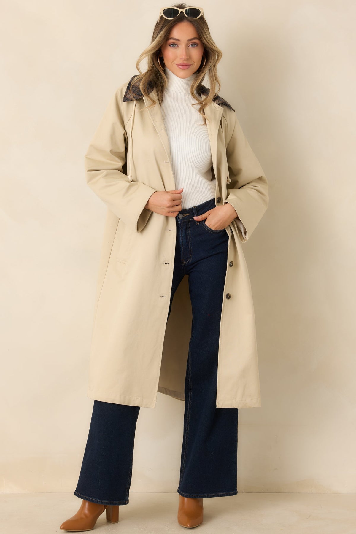 Taking the Long Way Beige Plaid Collar Hooded Cotton Coat