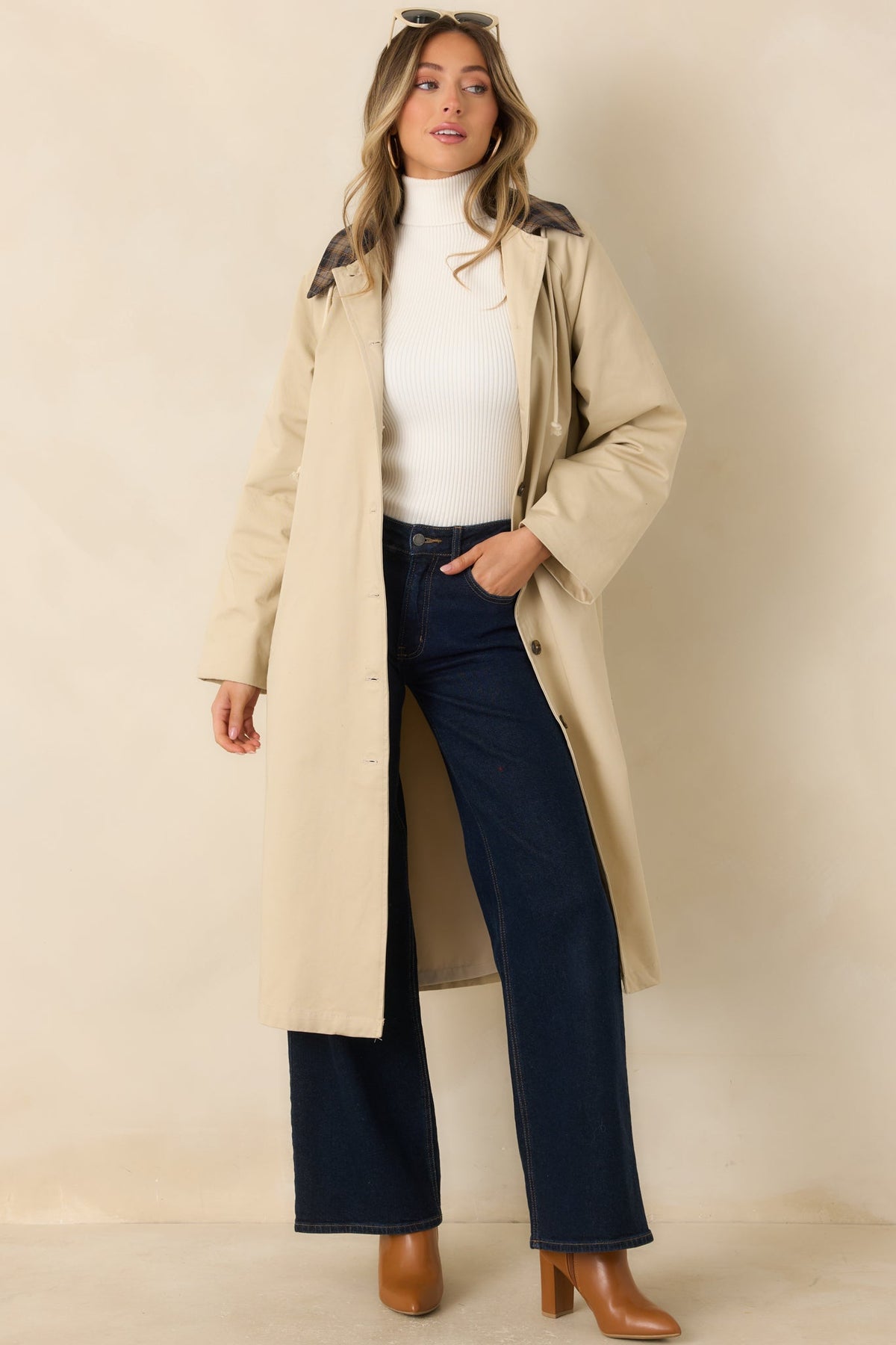 Taking the Long Way Beige Plaid Collar Hooded Cotton Coat