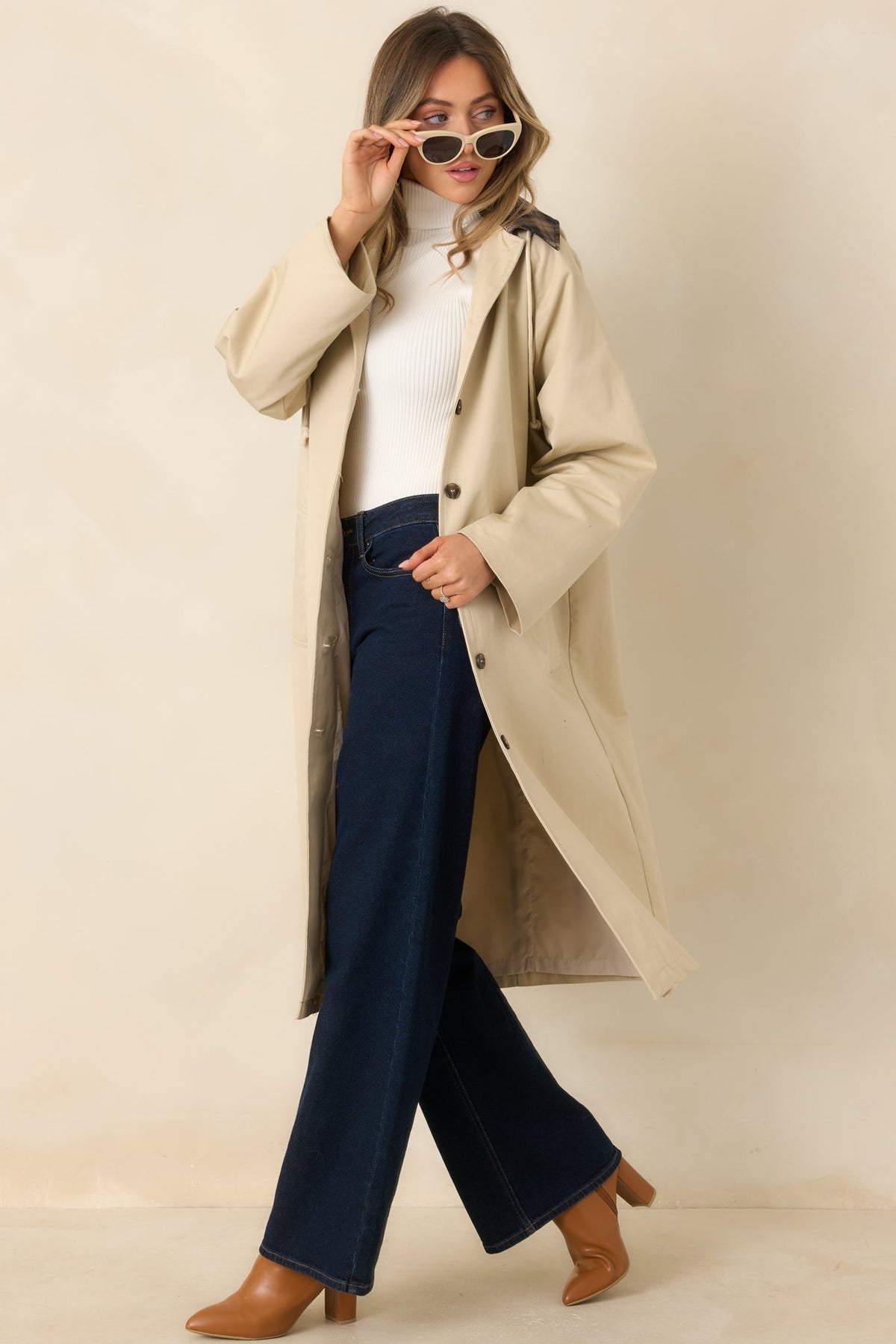 Taking the Long Way Beige Plaid Collar Hooded Cotton Coat