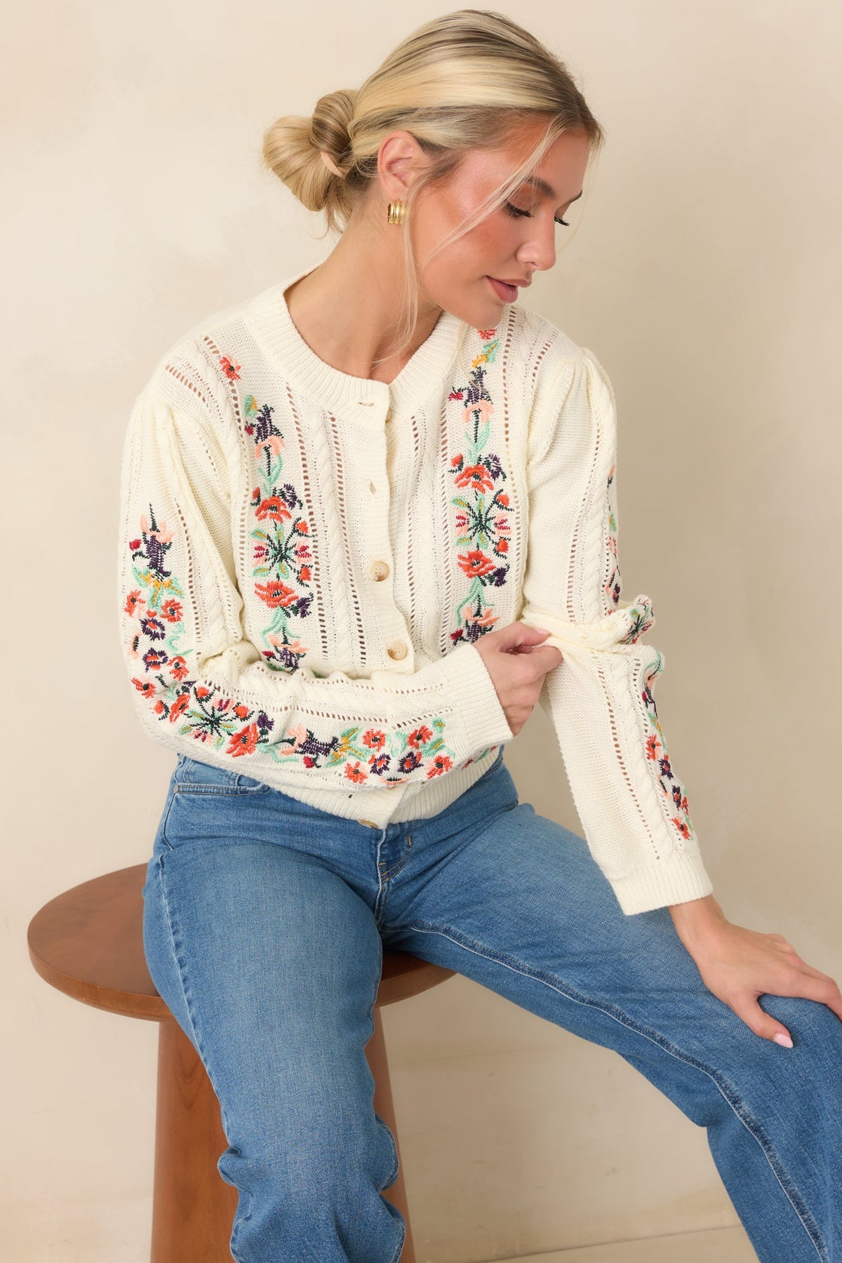 The Sweetest Part Ivory Multi Floral Embroidered Pointelle Cardigan