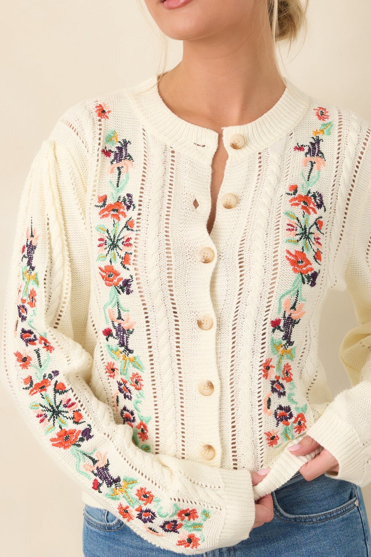 The Sweetest Part Ivory Multi Floral Embroidered Pointelle Cardigan
