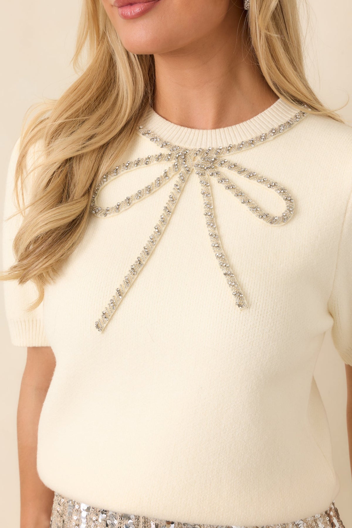 You’re a Gift Ivory Rhinestone Bow Puff Sleeve Sweater