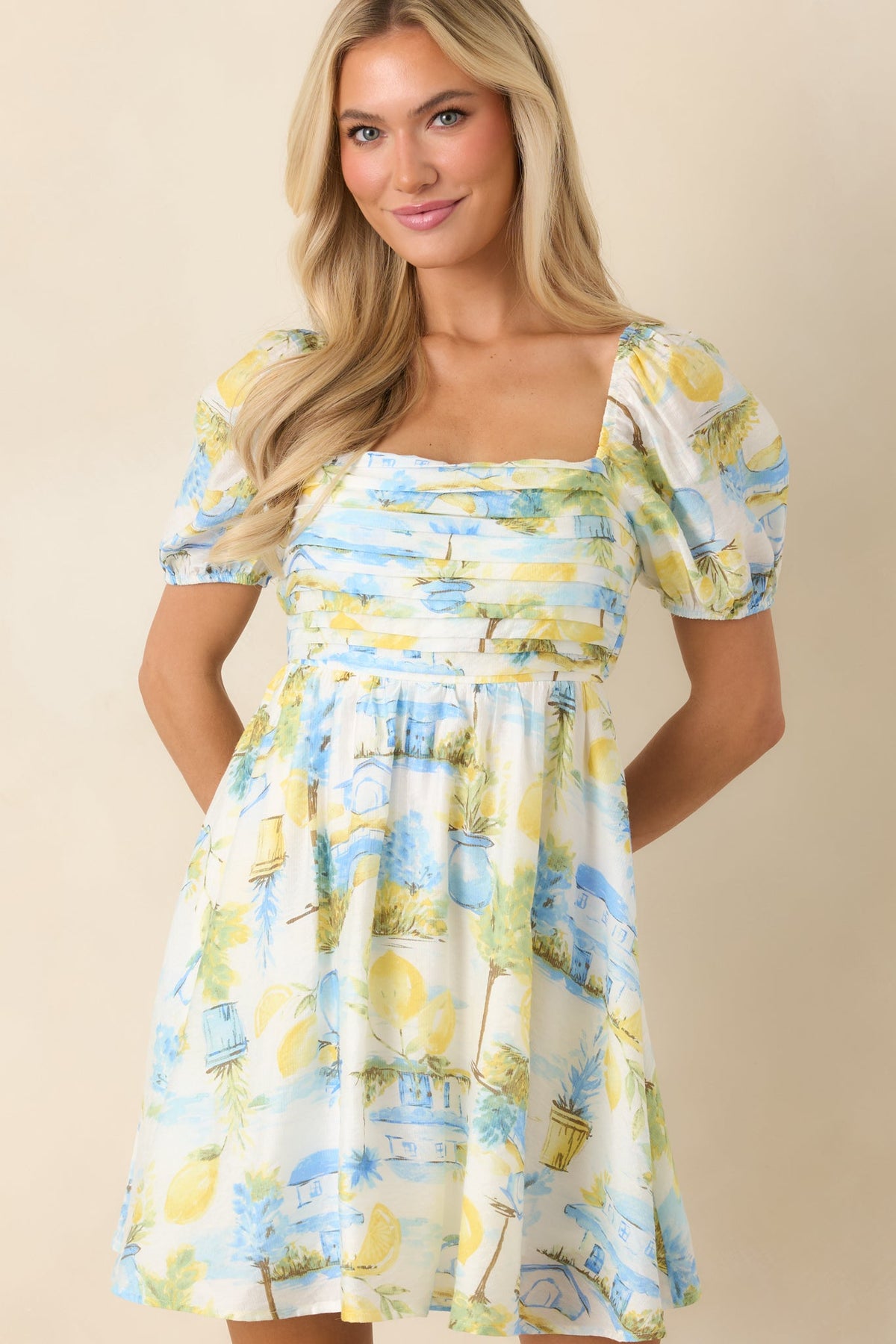 Limoncello Daydream Blue & Yellow Scenic Citrus Print Mini Dress