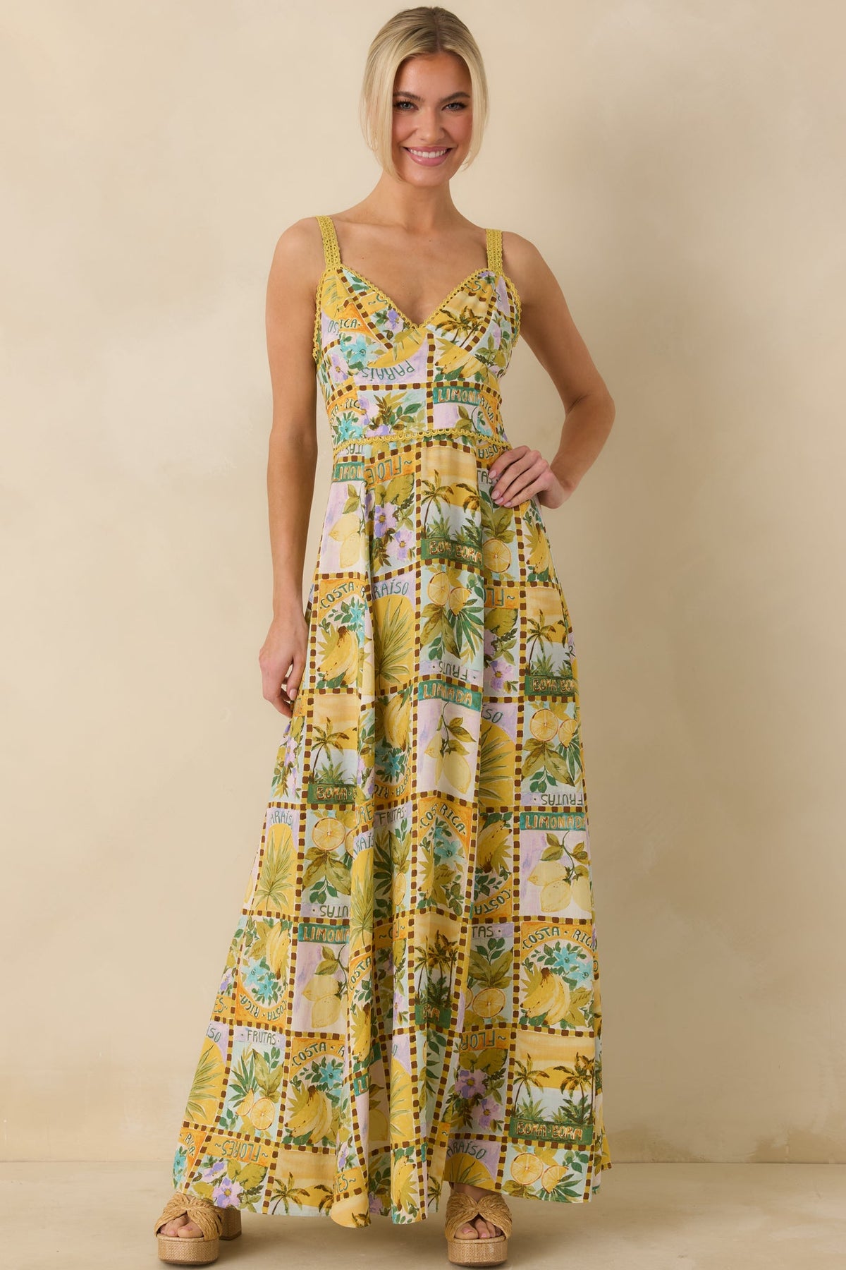 One To Remember Yellow Tropical Print Linen Blend Maxi Dress