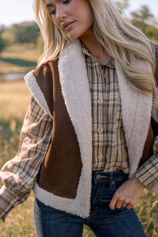 In the Comfort Zone Brown Faux Suede Sherpa Trim Vest
