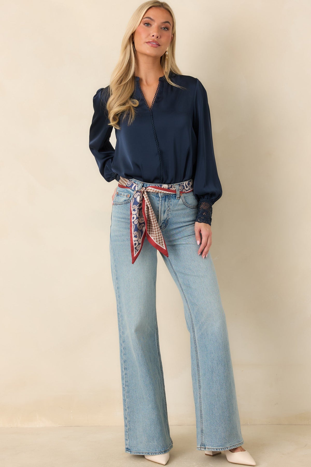 You Have My Word Navy Lace Cuff Satin Blouse