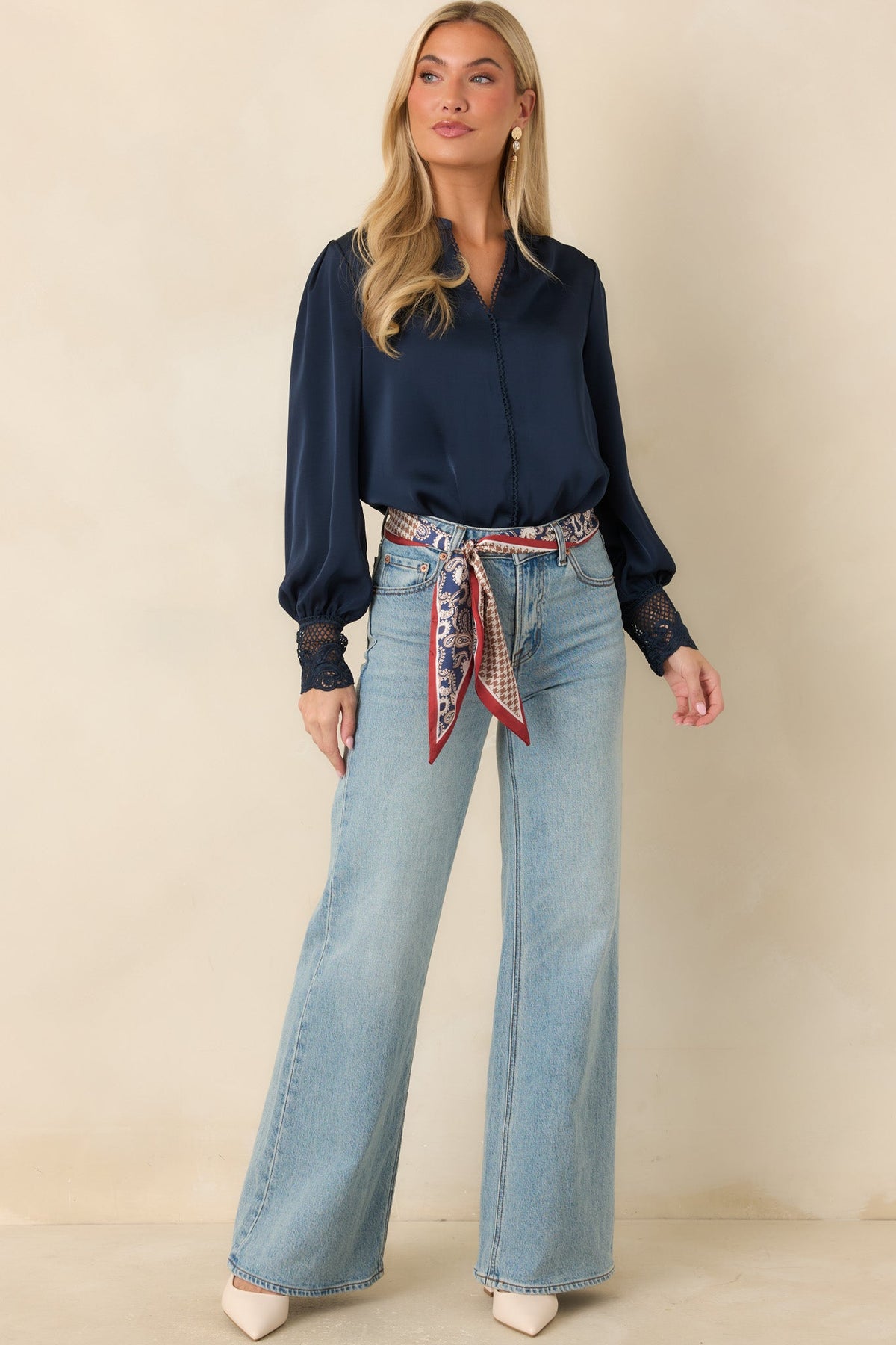 You Have My Word Navy Lace Cuff Satin Blouse