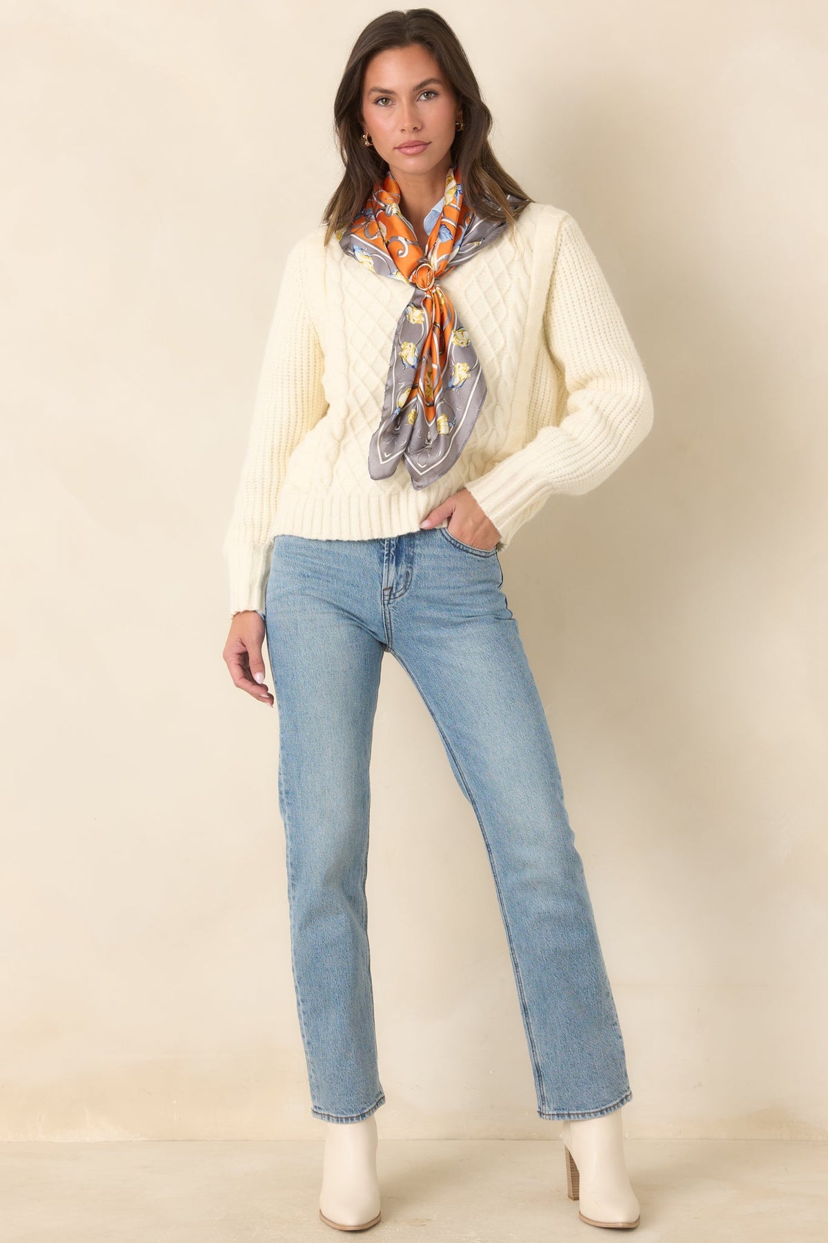 Softly Structured Ivory Knit Textured Panel V-Neck Sweater