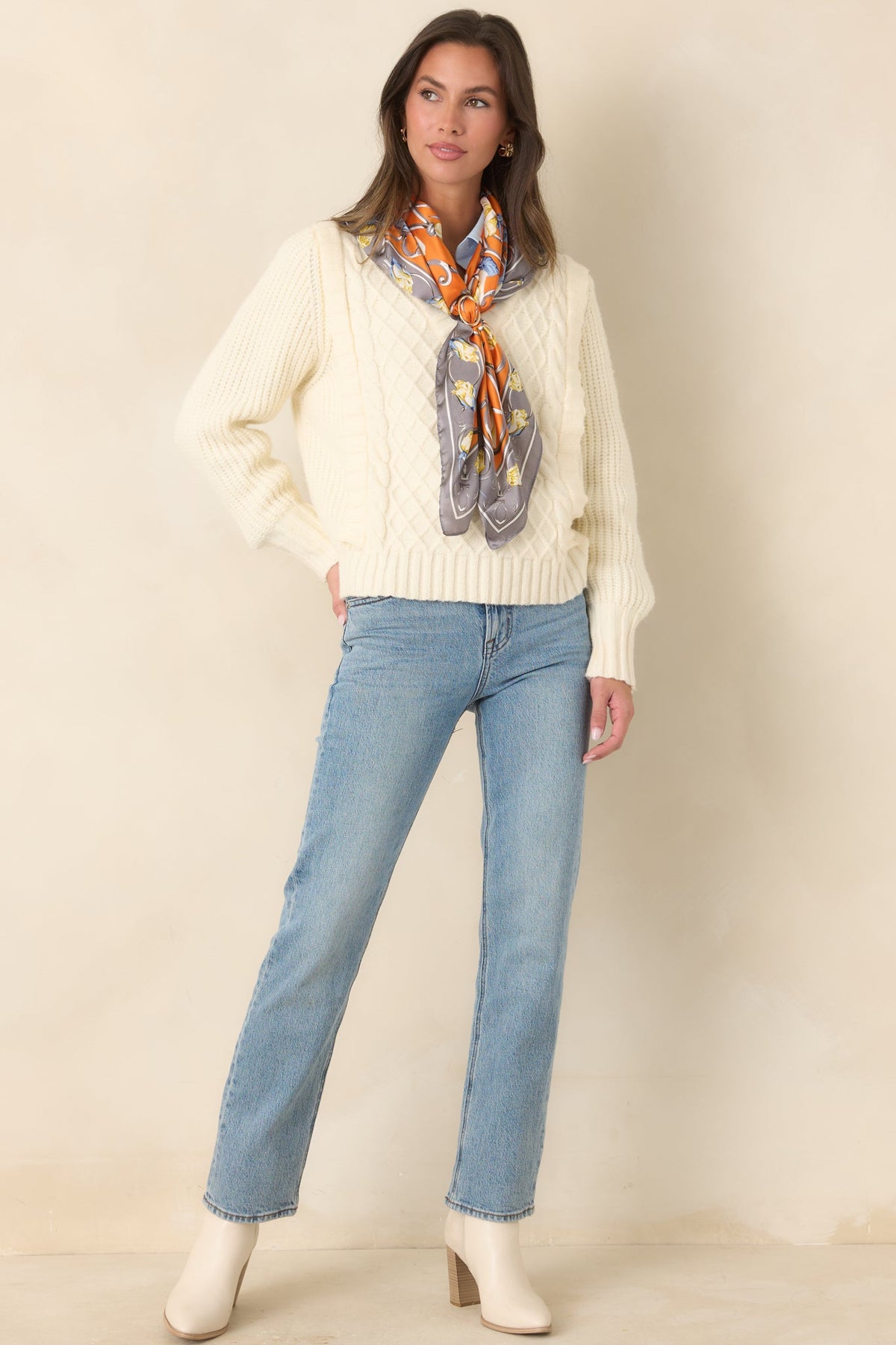 Softly Structured Ivory Knit Textured Panel V-Neck Sweater