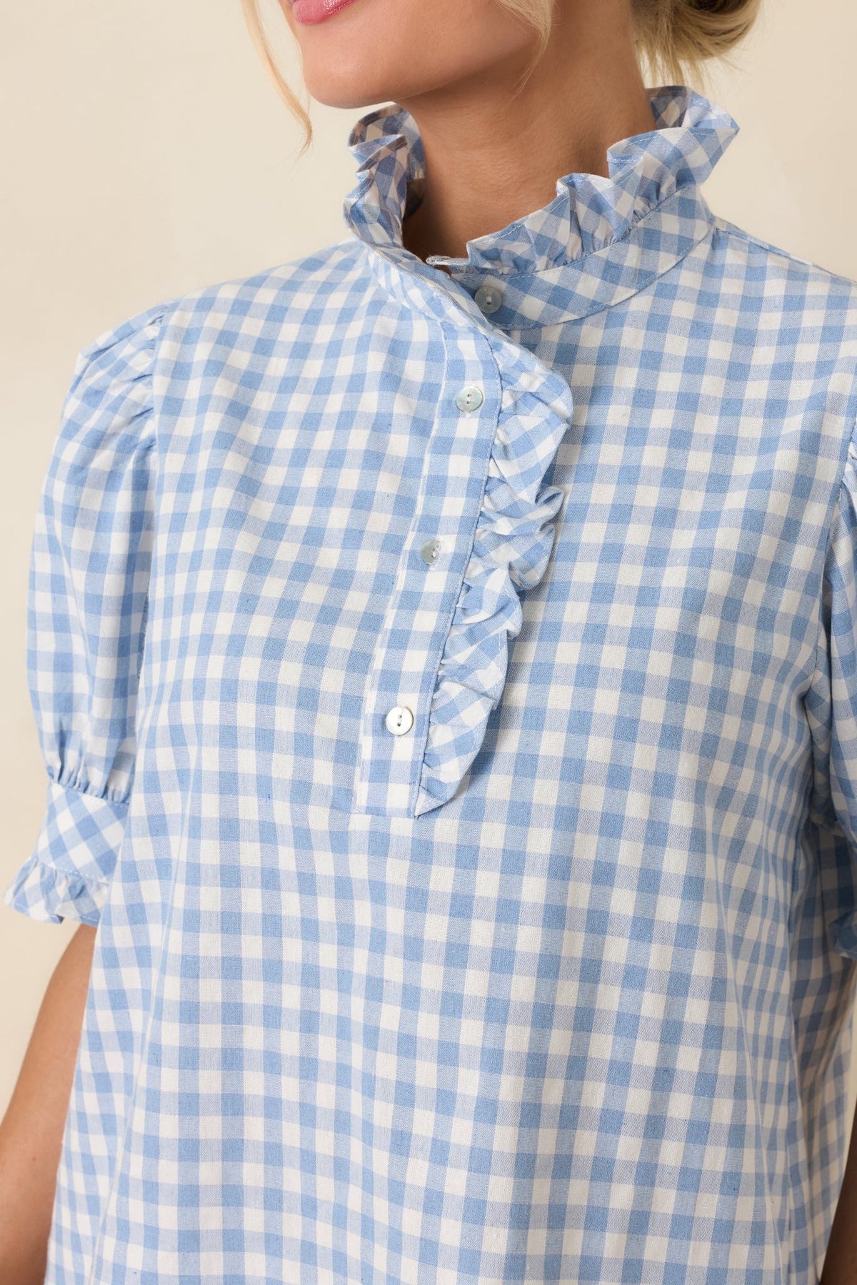 Country Daydream Blue Gingham Ruffle Trim Blouse