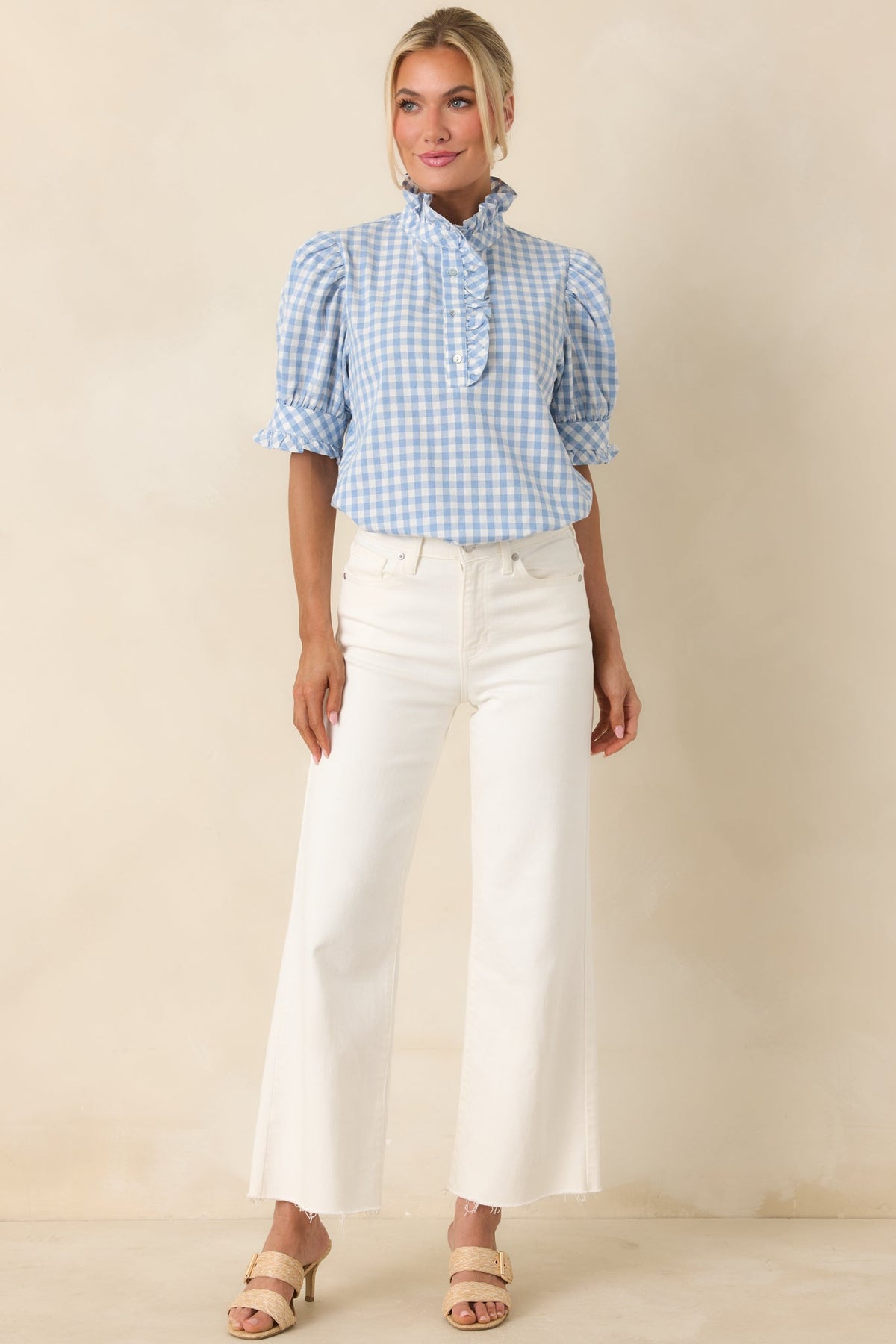 Country Daydream Blue Gingham Ruffle Trim Blouse