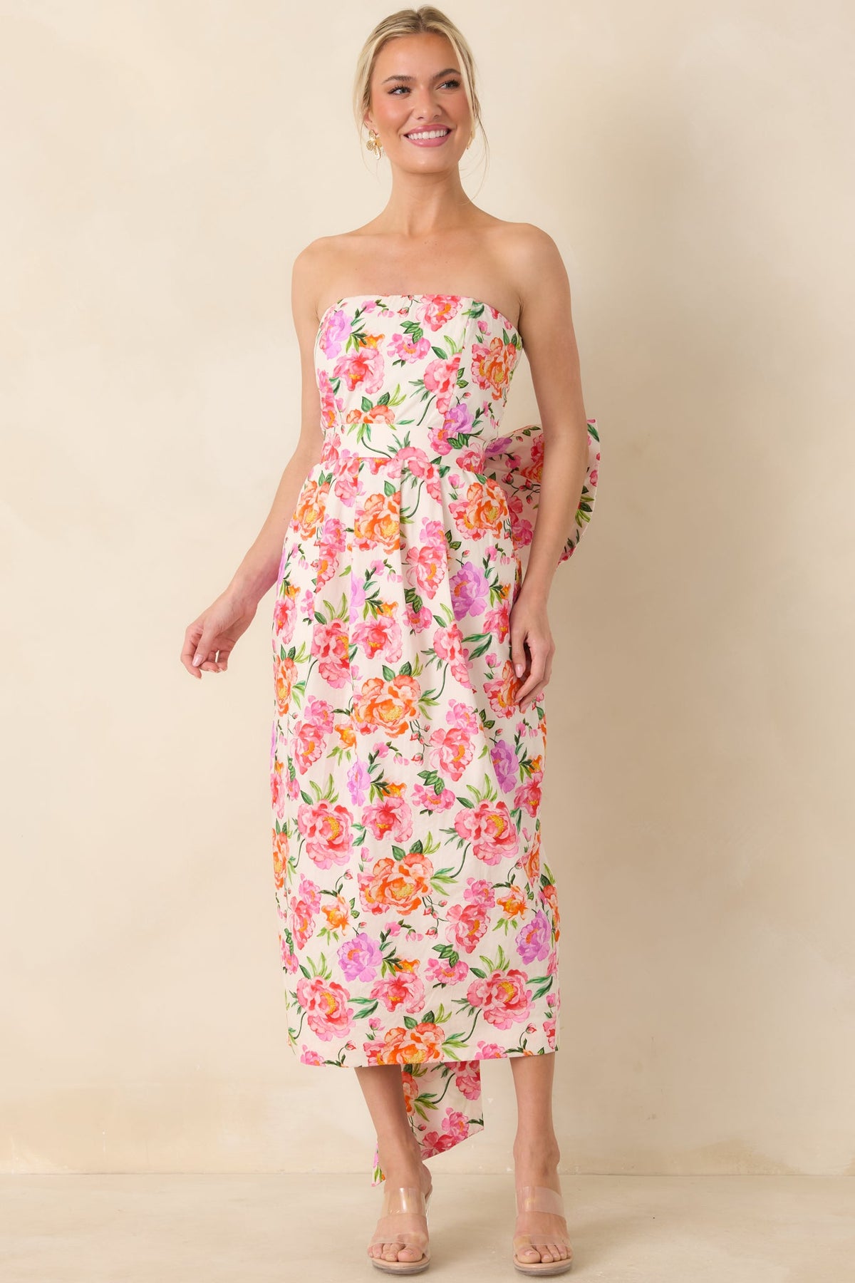 Prosperina Lisette Pink Multi Floral Cotton Strapless Midi Dress