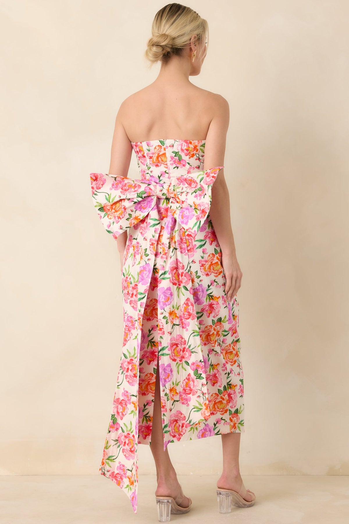 Prosperina Lisette Pink Multi Floral Cotton Strapless Midi Dress