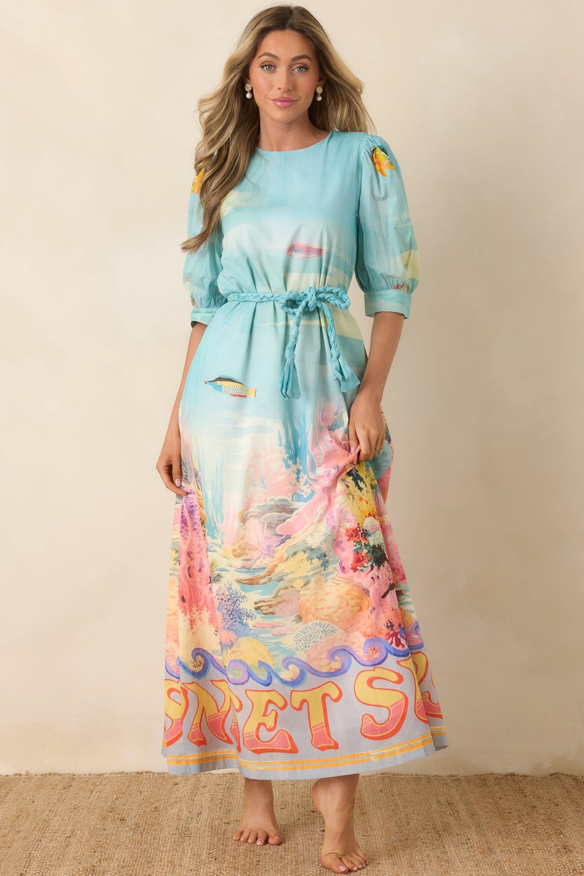 Paradisa Ponte Vedra Blue Multi Cotton Reef Print Maxi Dress