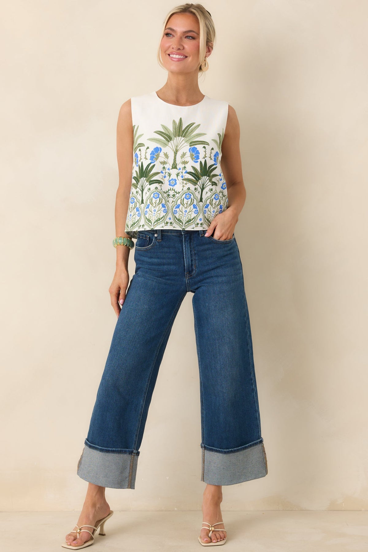 Capri Courtyard Ivory Multi Floral & Palm Sleeveless Top