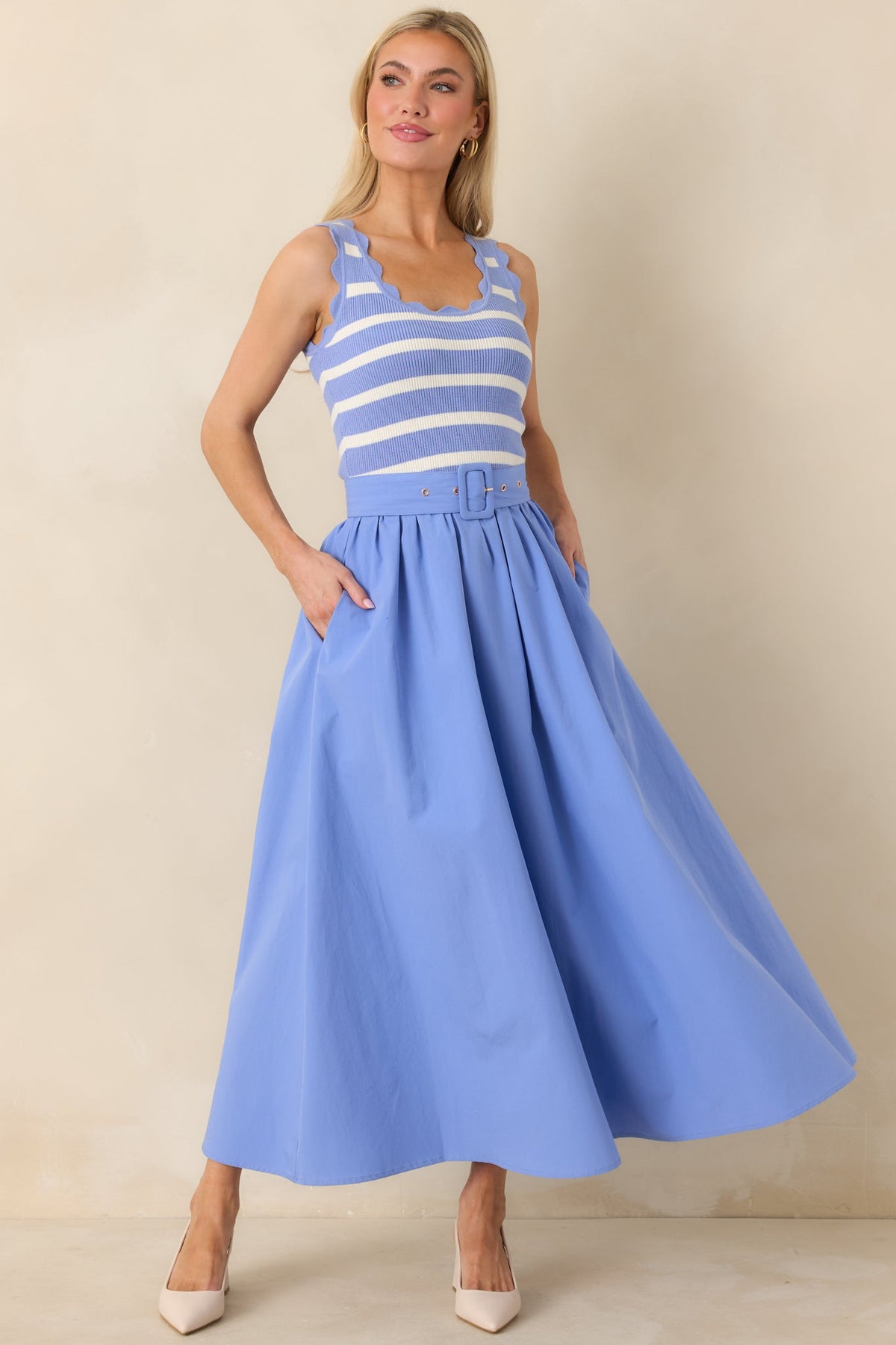 Prosperina Greer Sky Blue Stripe Cotton Midi Dress