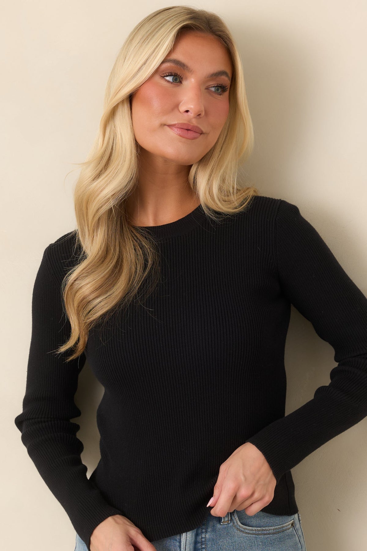 Prosperina Rory Black Ribbed Cotton Long Sleeve Top