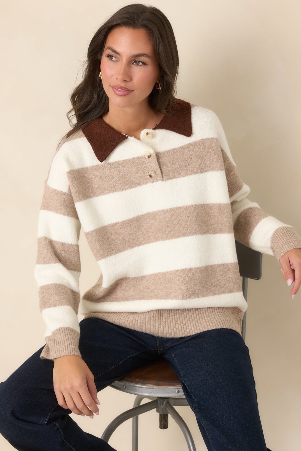 Keep It Comfy Ivory & Mocha Stripe Collared Sweater