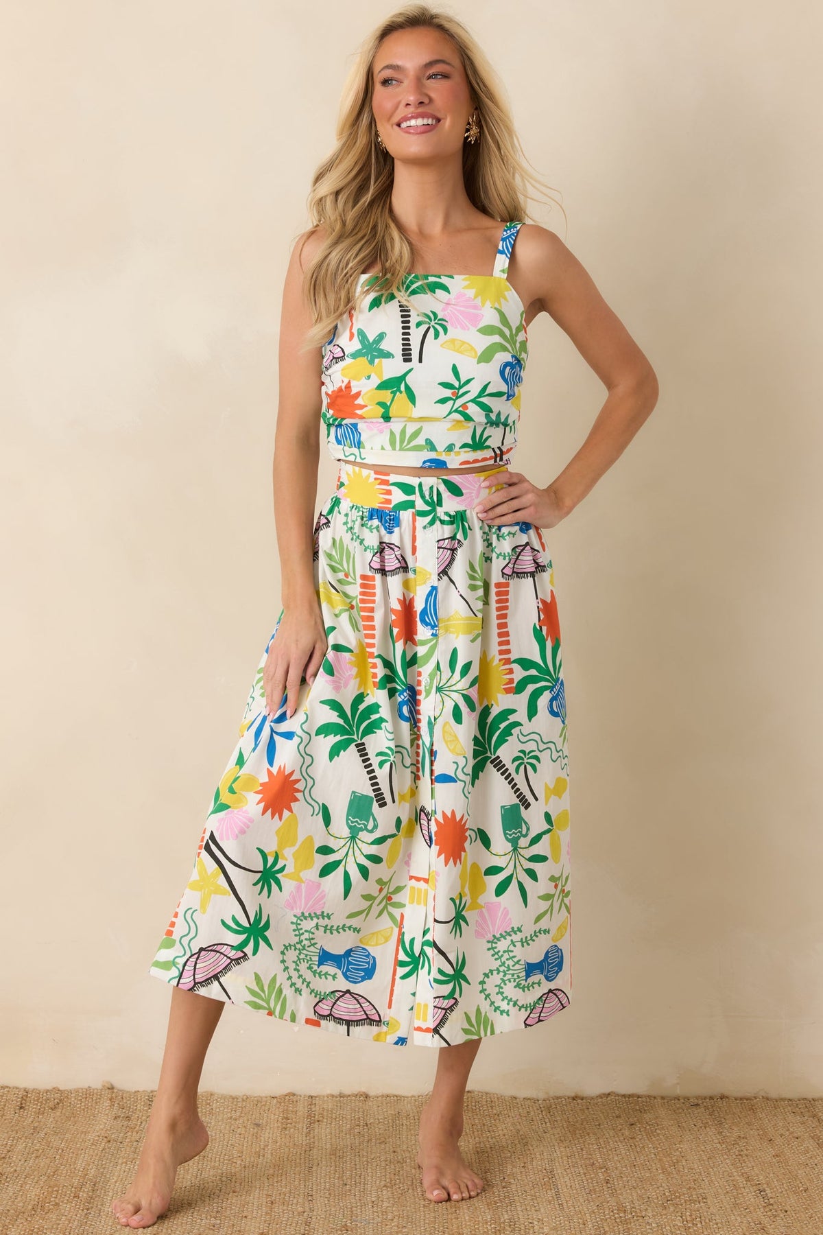 Paradisa Caicos White Multi Cotton Coastal Resort Print Crop Top