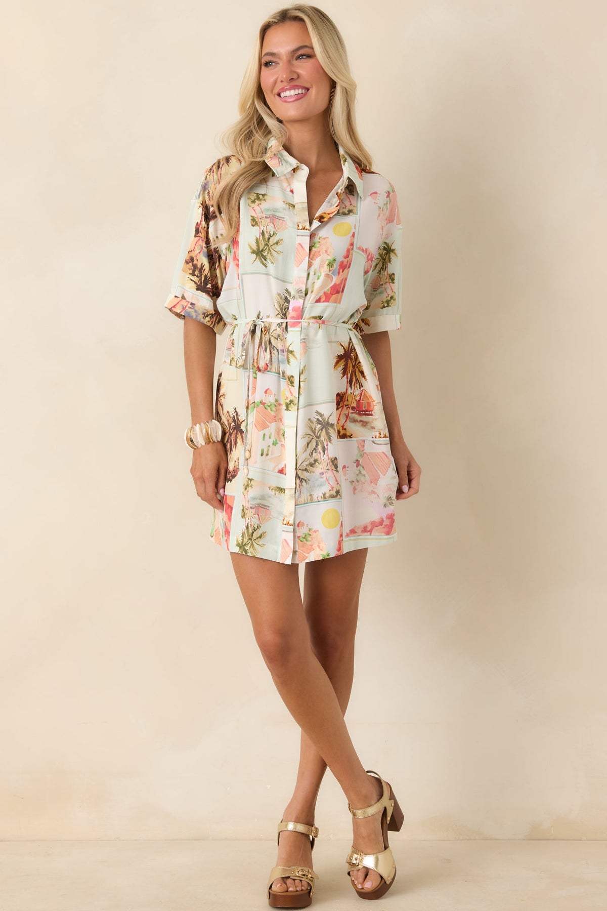 MINKPINK Dolce Multi Vintage Postcard Print Mini Shirtdress