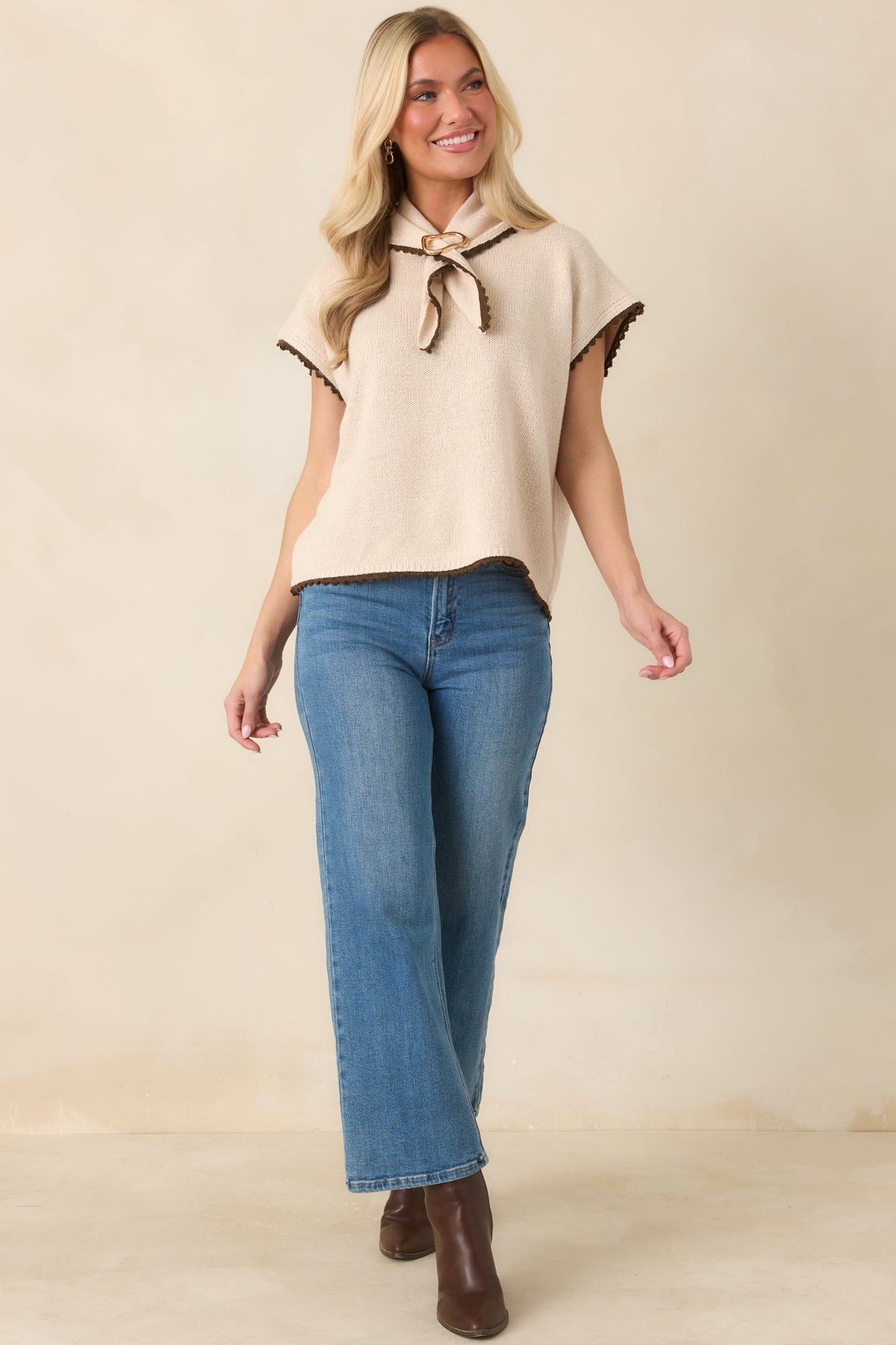 Tying Up Loose Ends Ecru Cotton Knit Scarf-Neck Top