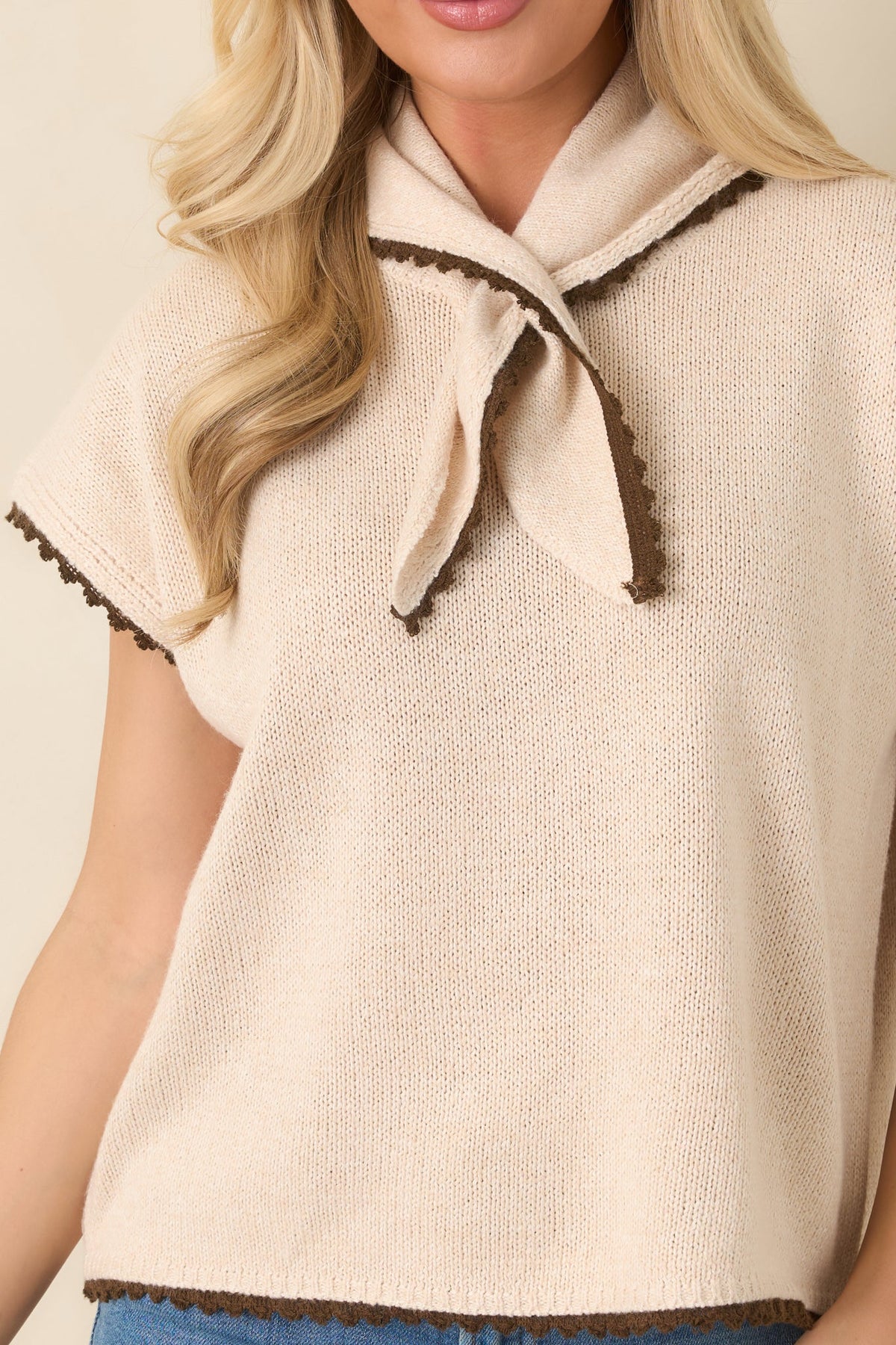 Tying Up Loose Ends Ecru Cotton Knit Scarf-Neck Top