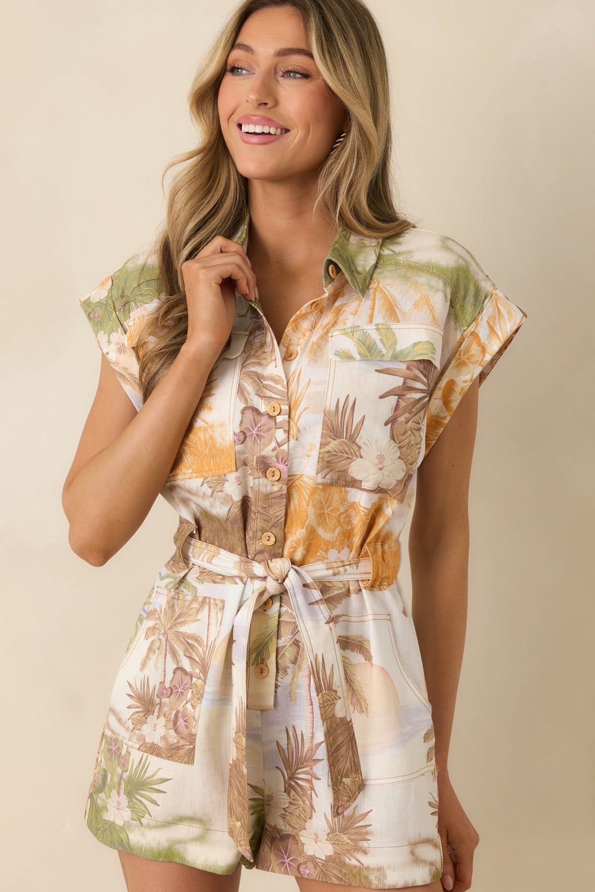 AIYIA Maya Multi Tropical Beach Print Belted Romper