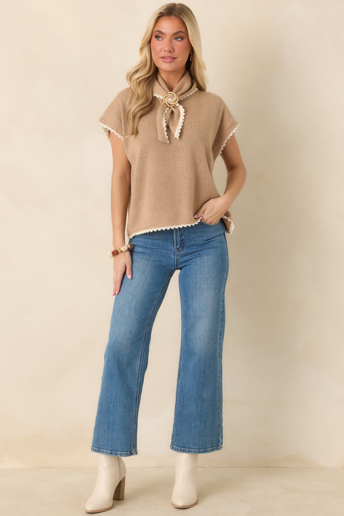 Tying Up Loose Ends Camel Cotton Knit Scarf-Neck Top