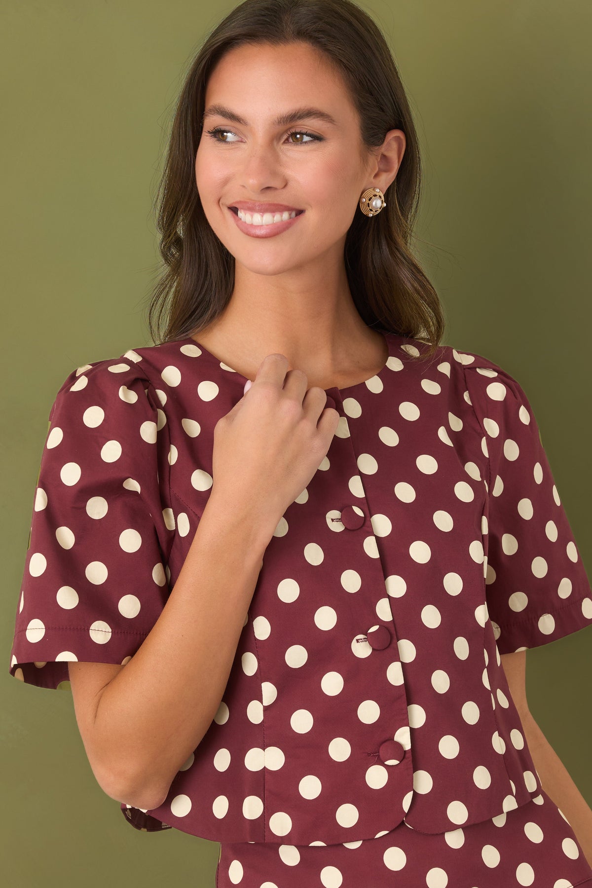 You Make a Good Point Wine & Ivory Polka Dot Cotton Top