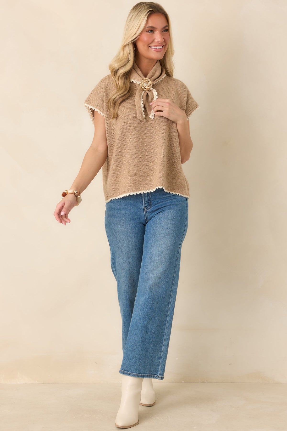 Tying Up Loose Ends Camel Cotton Knit Scarf-Neck Top