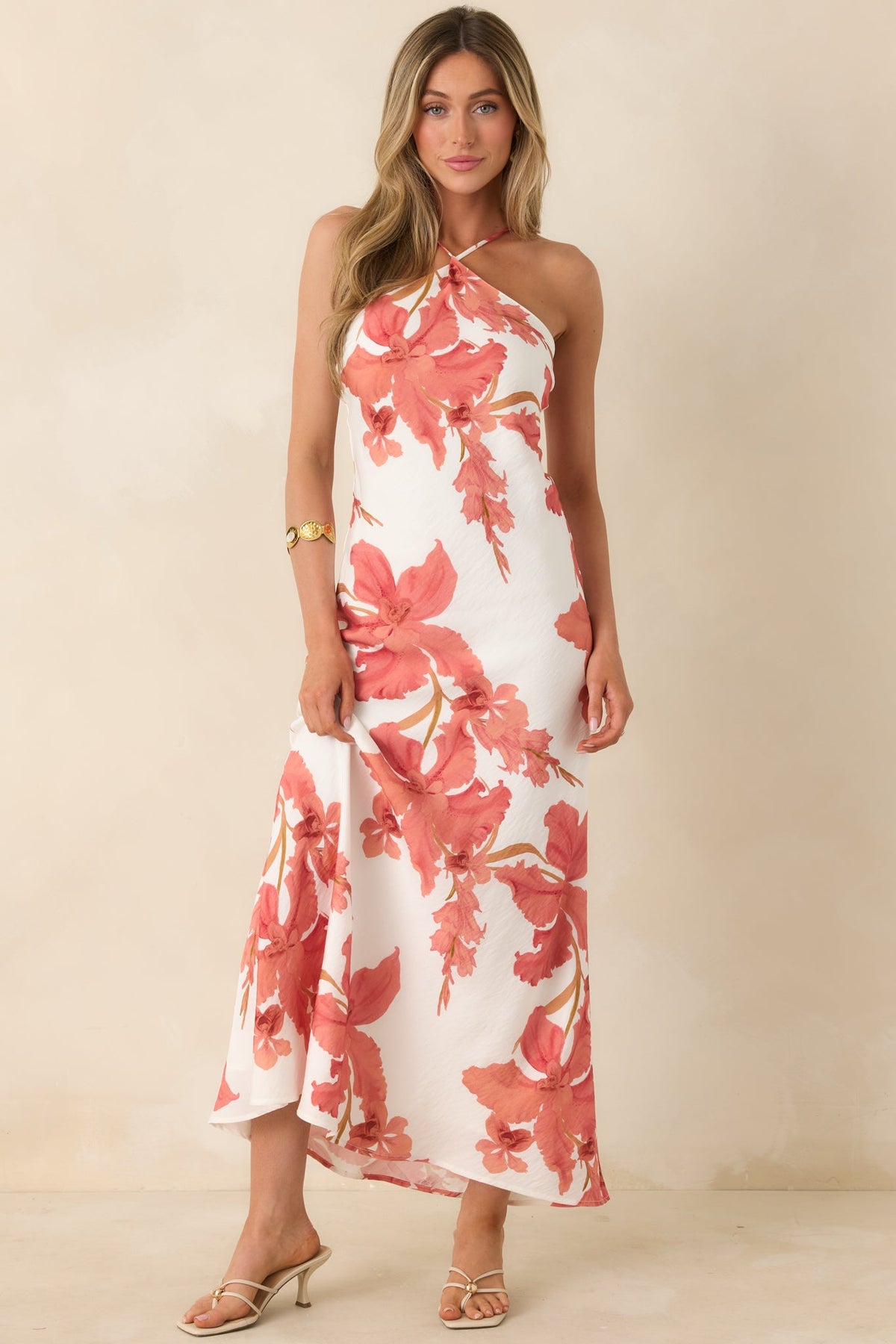 MINKPINK Isla Peach Hibiscus Halter Maxi Dress