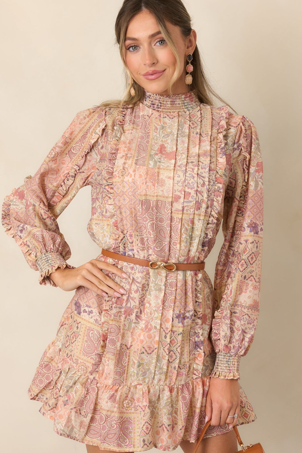 Pattern of Perfection Blush Multi Patchwork Print Mini Dress