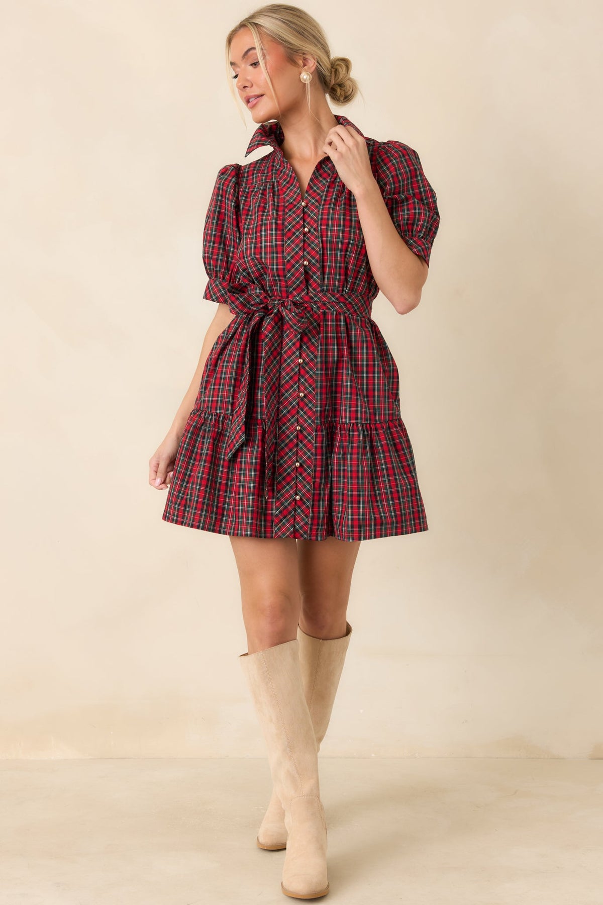 Glad We Made Plans Red & Green Tartan Plaid Cotton Mini Dress